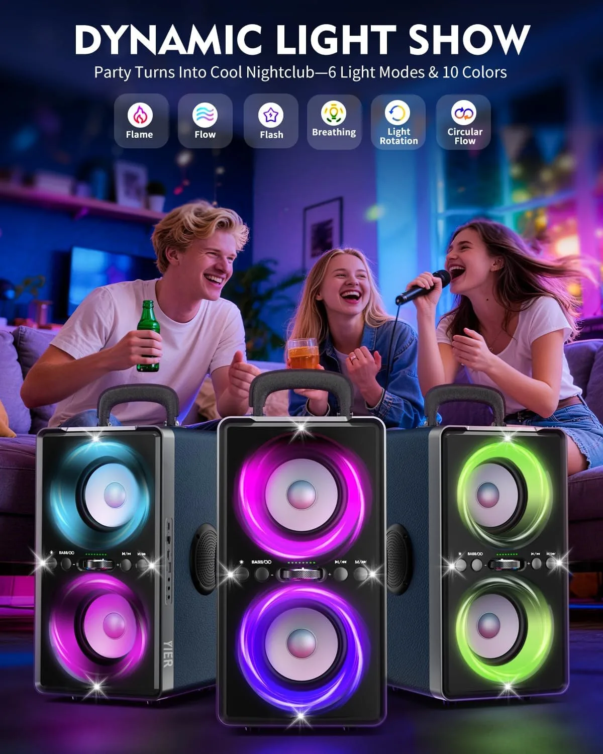 YIER Bluetooth Speaker, 240W Peak Loud Party Speakers with Deep Bass, Blue