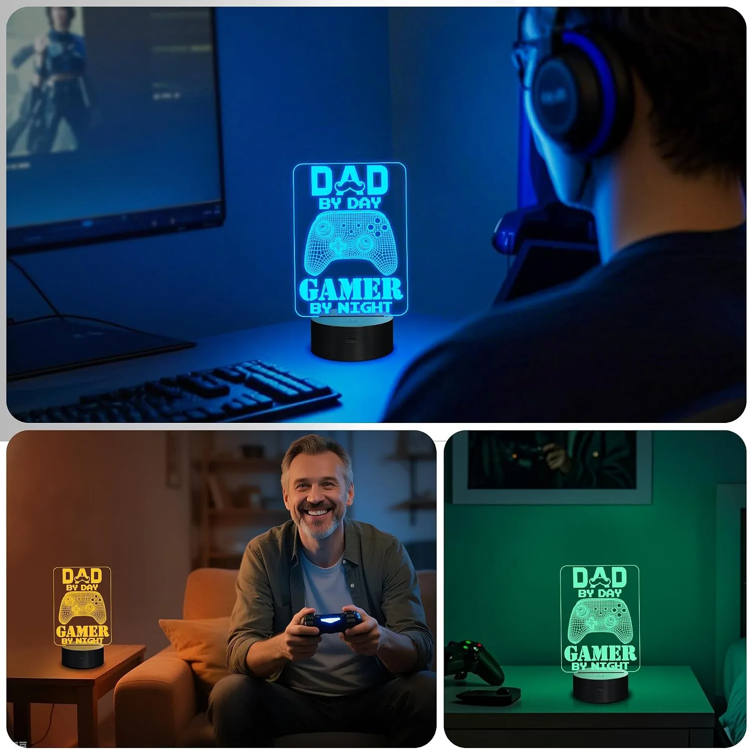 YuanDian Gamer Gifts, Dad By Day Gamer By Night Funny 3D Illusion Lamp 16 Colors Changing Touch & Remote Control, Desk Decor