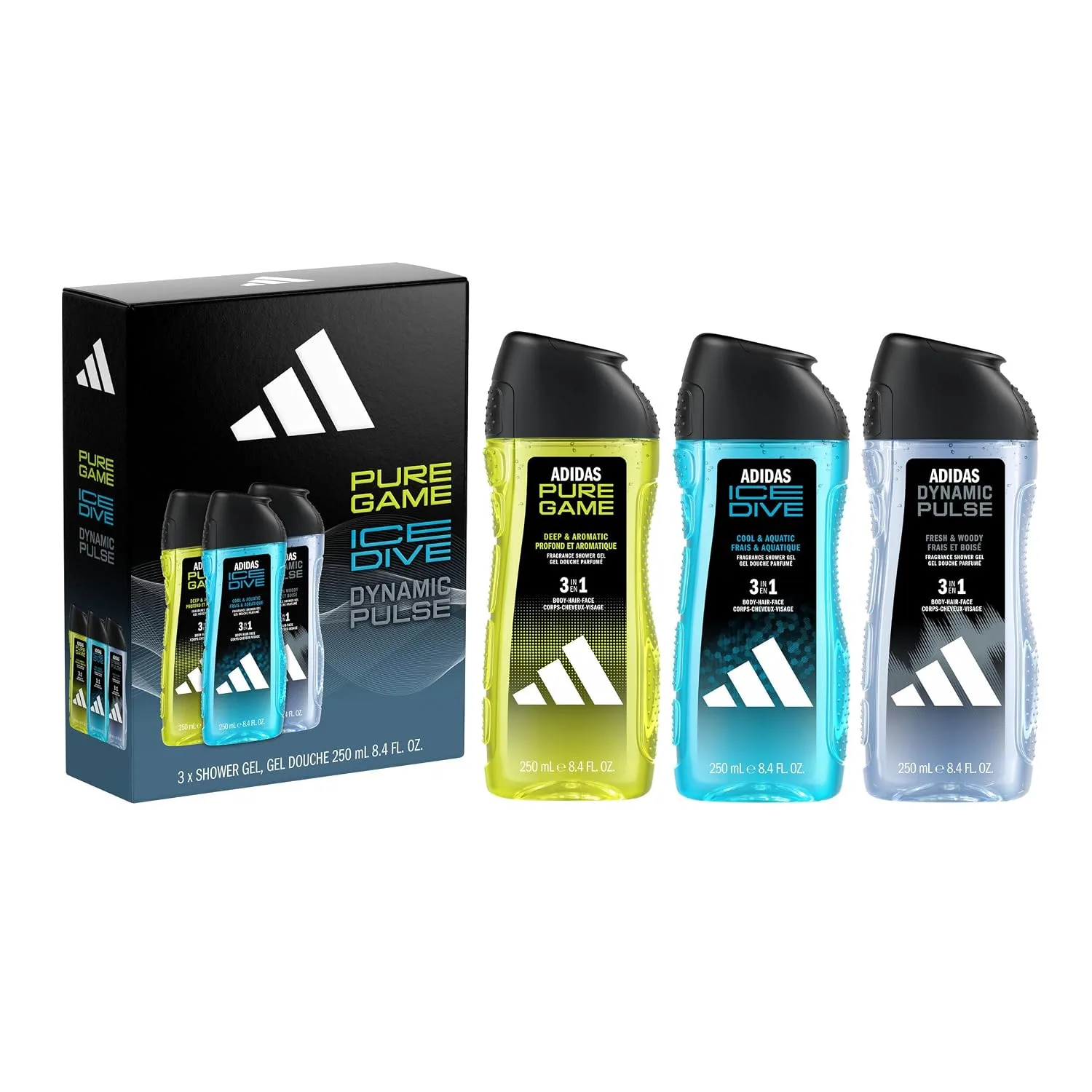 adidas Giftset a Pure Game, Ice Dive and Dynamic Pulse Shower Gel (3x 250ml, 8.4fl oz.), for Him, Notes of Rosemary, Lemon, Peppermint, and Grapefruit, Men's Fragrance, Long Lasting, Sporty Fragrance