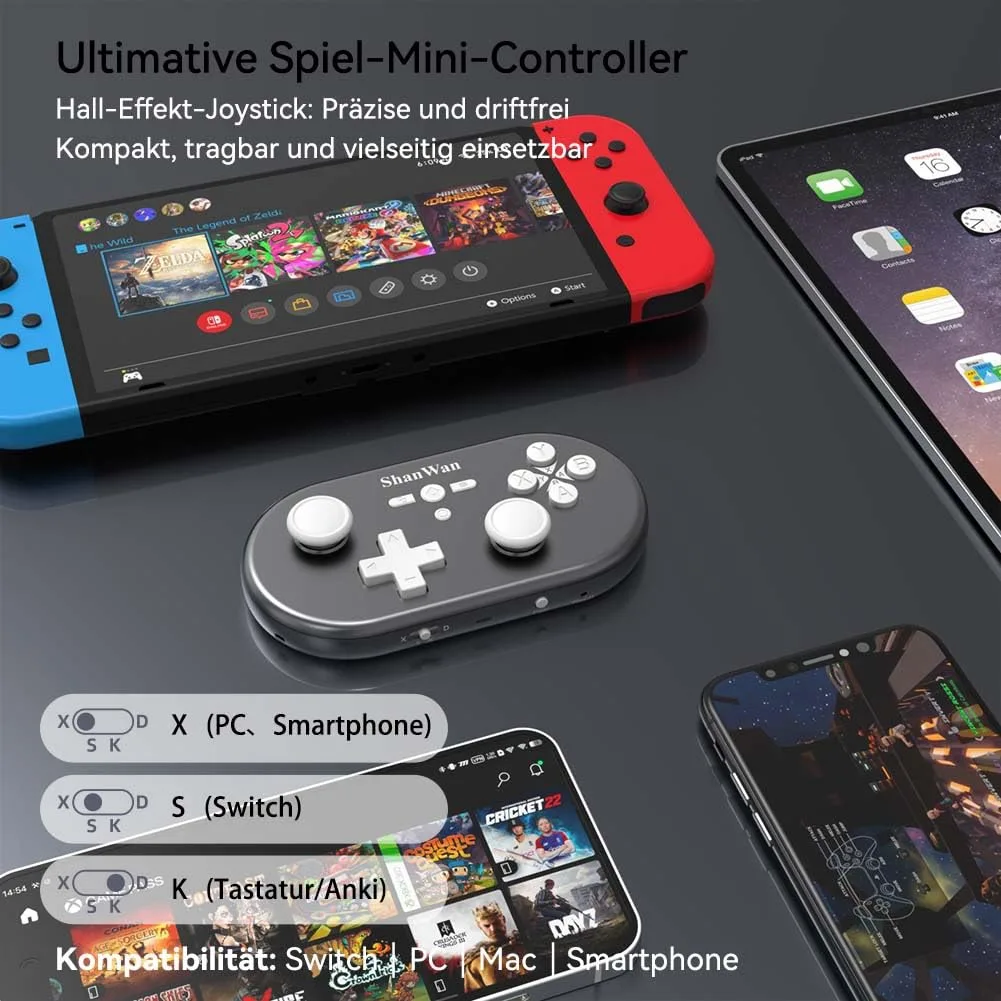 ShanWan Wireless Mini Controller for Switch, PC, iOS, Android, Supports Keyboard Mode for iPad Procreate (Silver)