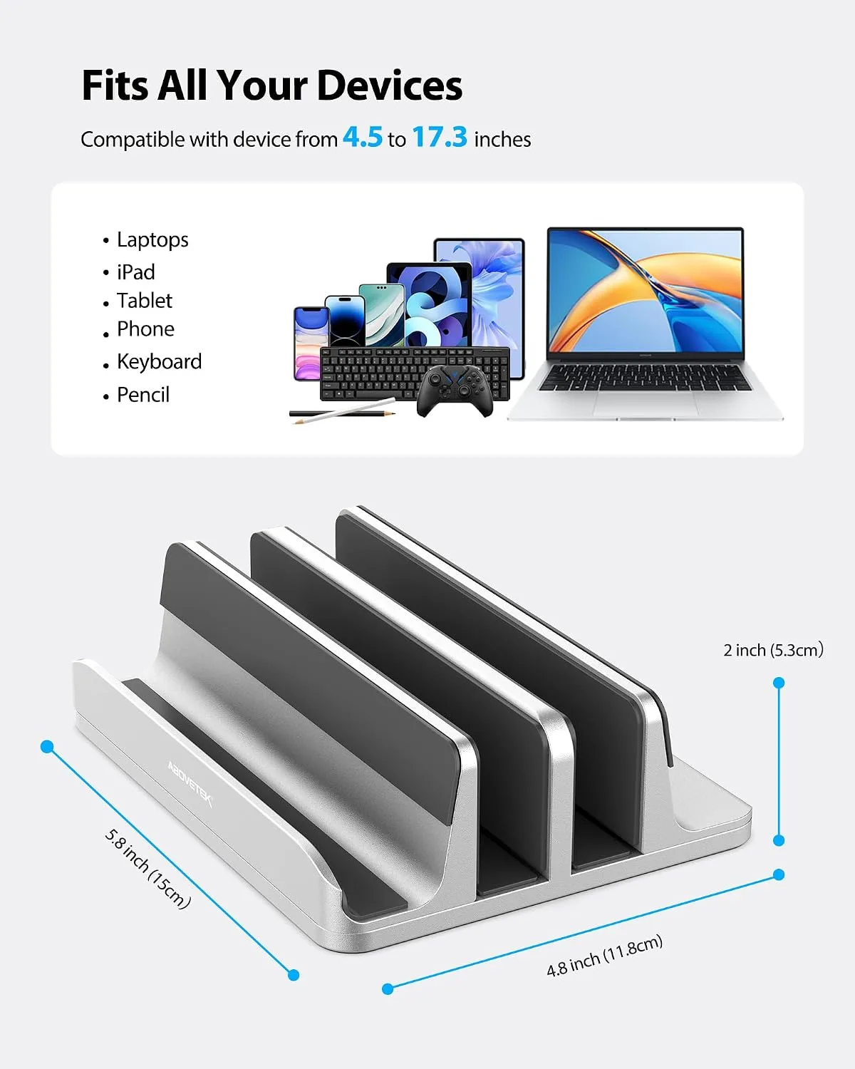 AboveTEK Vertical Laptop Stand, 3 Slots Aluminum Desk Laptop Holder & Laptop Docking Station Stand for MacBook, Tablet, Phone - Universal Fit (Up to 17.3") - Heavy Duty Polished, Anti Slide - Silver