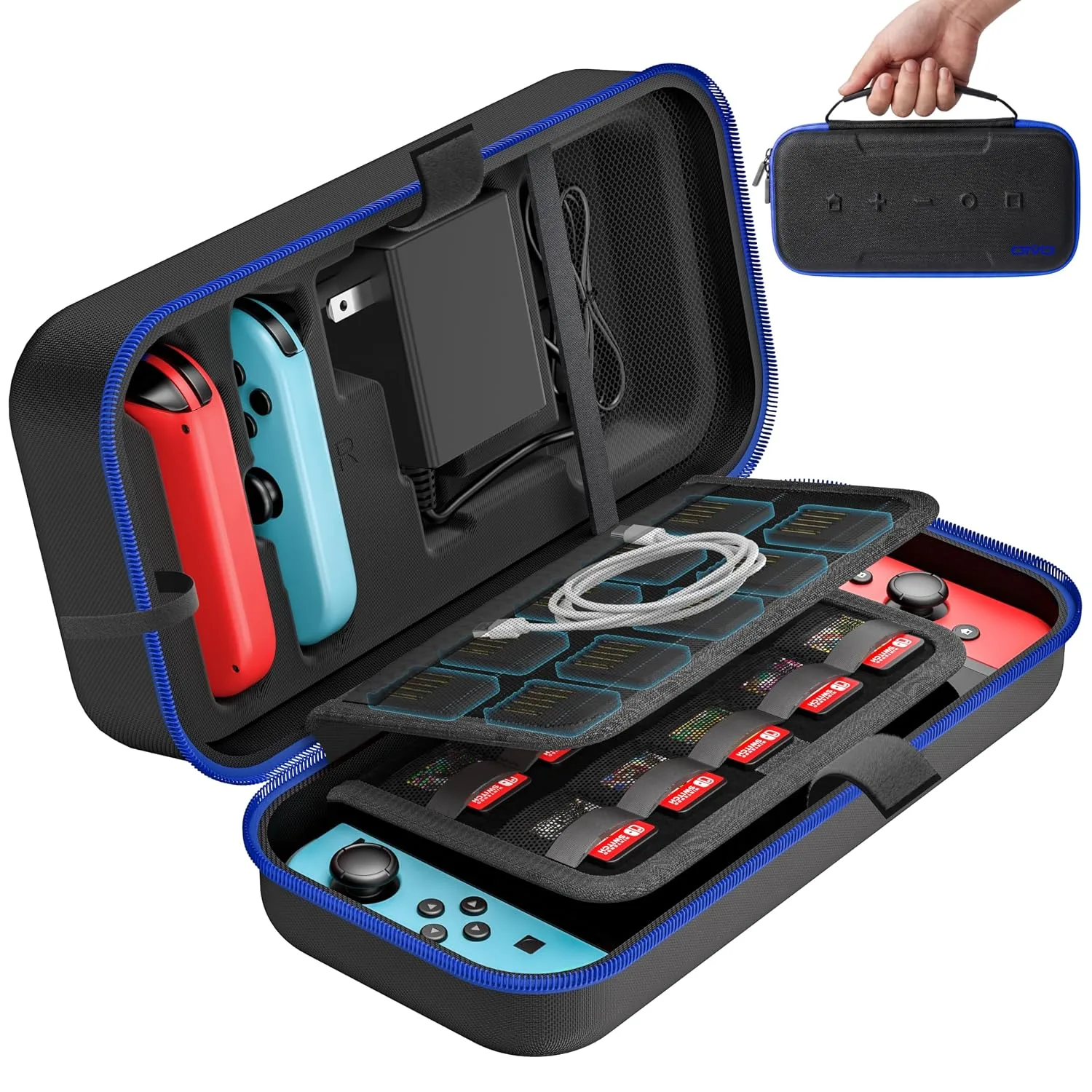 Switch Carrying Case Compatible with Nintendo & OLED, Portable Switch Travel Carry Case Fit for Joy-Con and Adapter, Hard Shell Protective OLED Pouch Bag with 20 Games, Blue