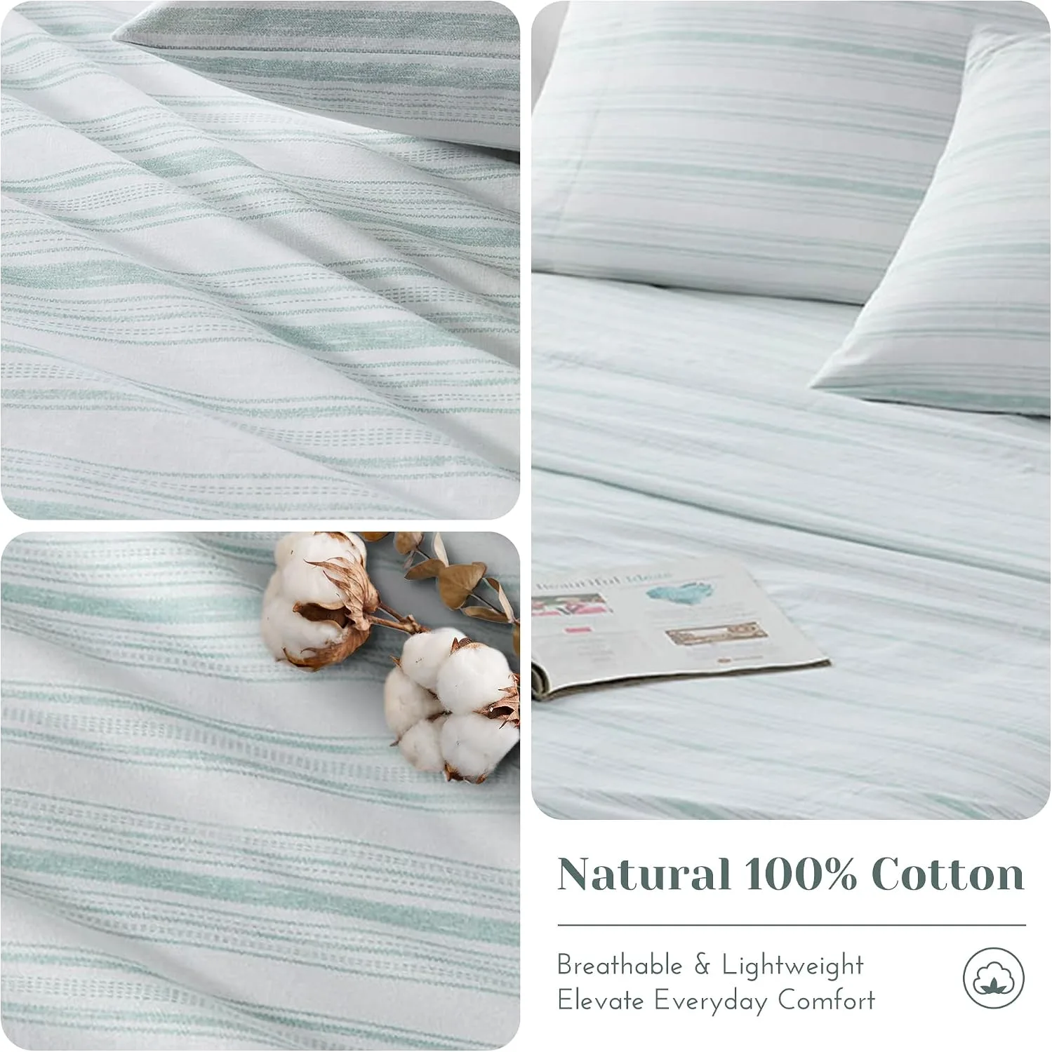 Comfort Spaces 100% Cotton Percale Sheets Queen Sheet Set 4 Pcs, Good Vibes
