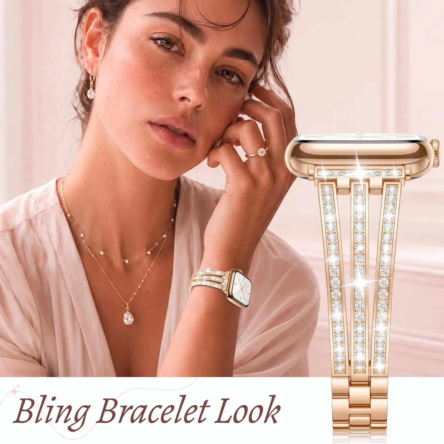 Newlibery Women Rose Gold Bling Metal Bracelet Band for Apple Watch