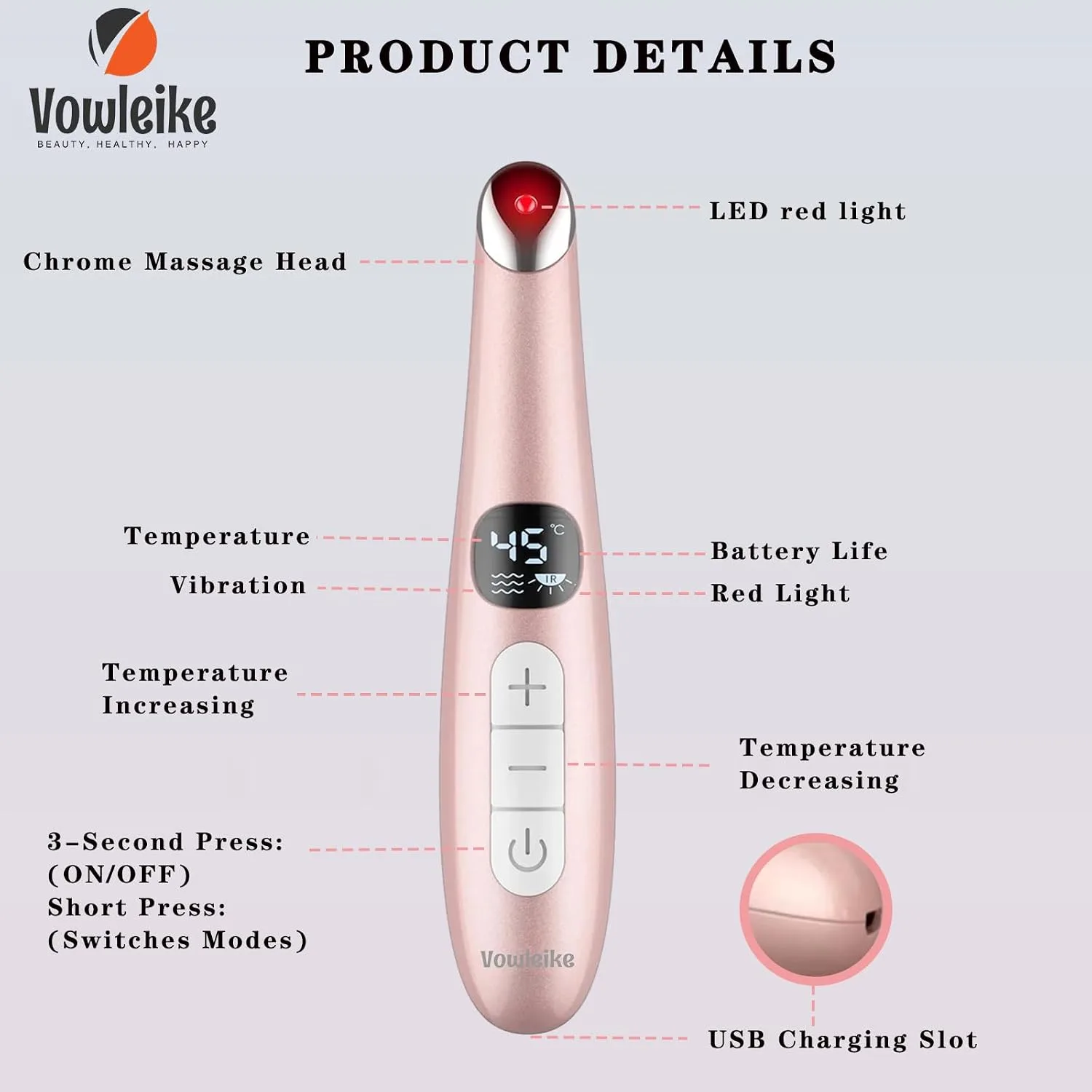 Heated Eye Wand, 3-in-1 Vibrating Eye Lift Wand, Rose Gold