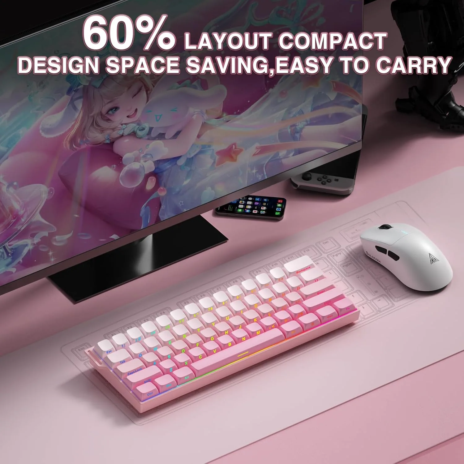 Aula MINI60 HE PRO Wireless Gaming Keyboard 60%,Hall Effect Rapid Trigger Magnetic Keyboard,8000Hz Polling,Tri-Mode(BT5.0/2.4GHz/USB-C),RGB Hot Swappable Compact Pink Mechanical Keyboard for Gamer