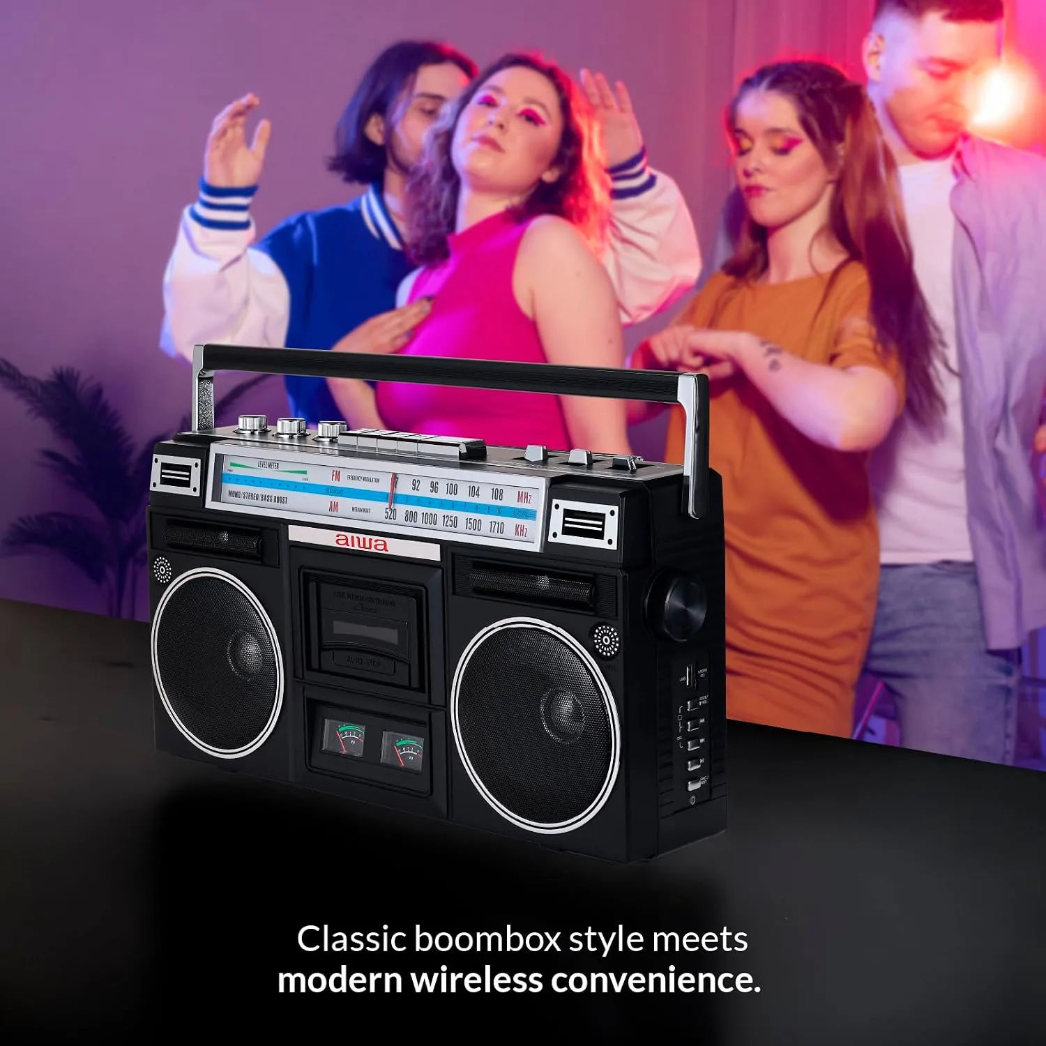 aiwa Portable Retro Boombox BackTrack Jr, Vintage Bluetooth Speaker with Cassette Player, Bluetooth, FM/AM Radio, USB & AUX for Home, Outdoor, and Travel Listening (Black)