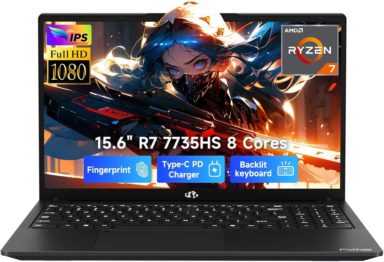 NIMO 15.6" Multitasking Laptop, AMD 8-Core R7 7735HS, 32GB DDR5, 1TB SSD