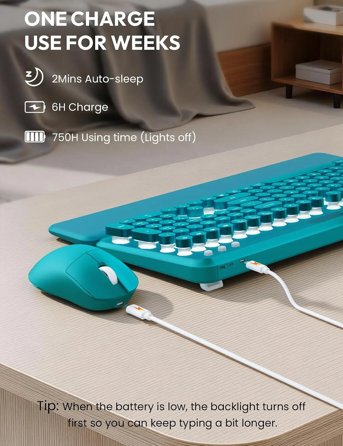 Wireless Keyboard and Mouse, Backlit Typewriter with Magnetic Wrist Rest