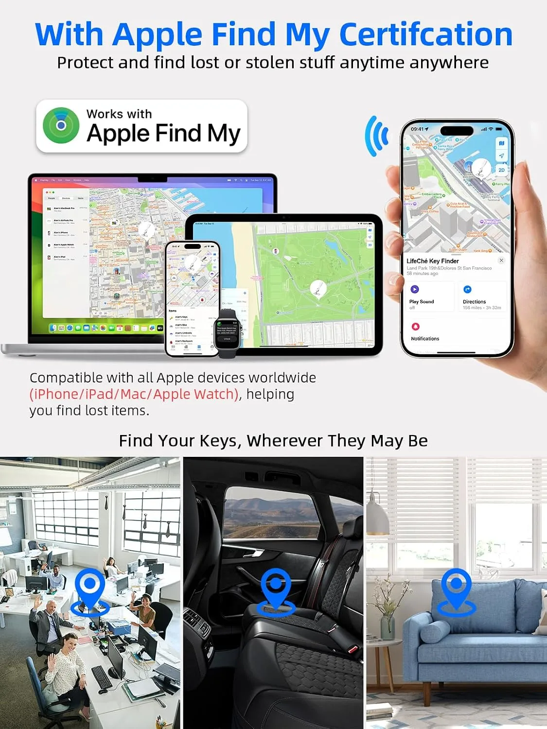 Find My Key Finder, Stainless Steel Keychain, Rechargeable Tracker