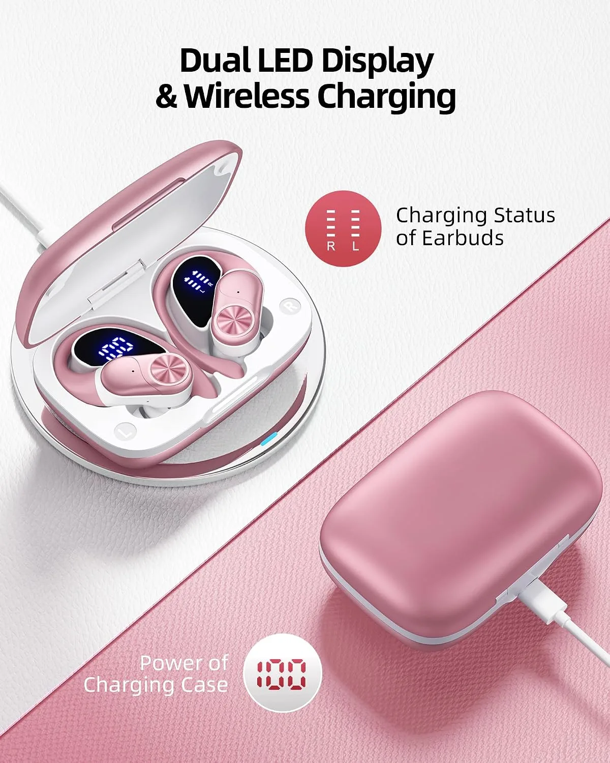 PocBuds Bluetooth Headphones Wireless Earbuds 80hrs Playtime Wireless Charging Case Digital Display Sport Ear Buds with Earhook Deep Bass IPX7 Waterproof Over-Ear Earphones for Phone Laptop Rose Gold