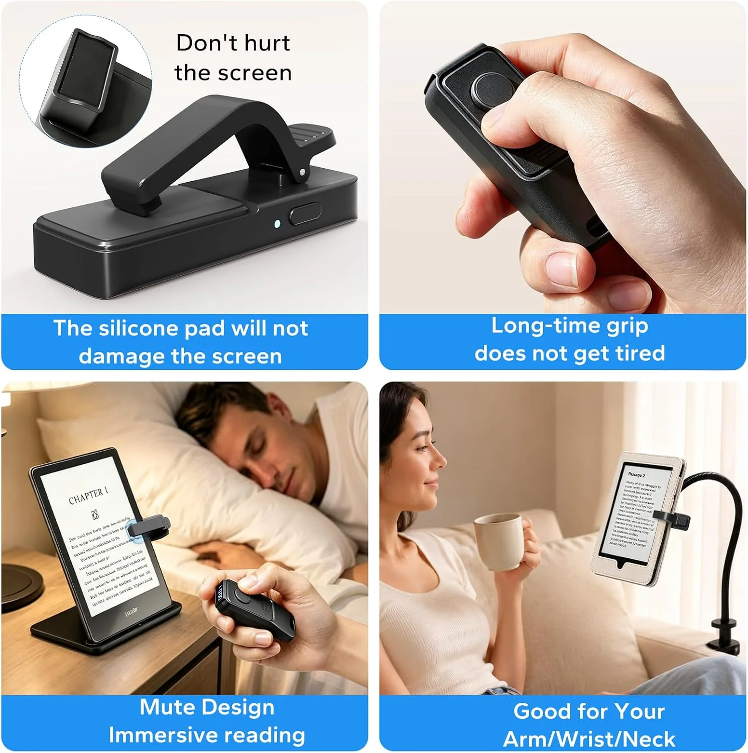 (Fit All Cases) Page Turner for Kindle,Portable Selfie Light,Reading Timer Tracker,Book Light for Kindle,iPad,iOS Android. Clicker for Kindle for Camera Video Recording and Selfie Shutter(K3-Black)