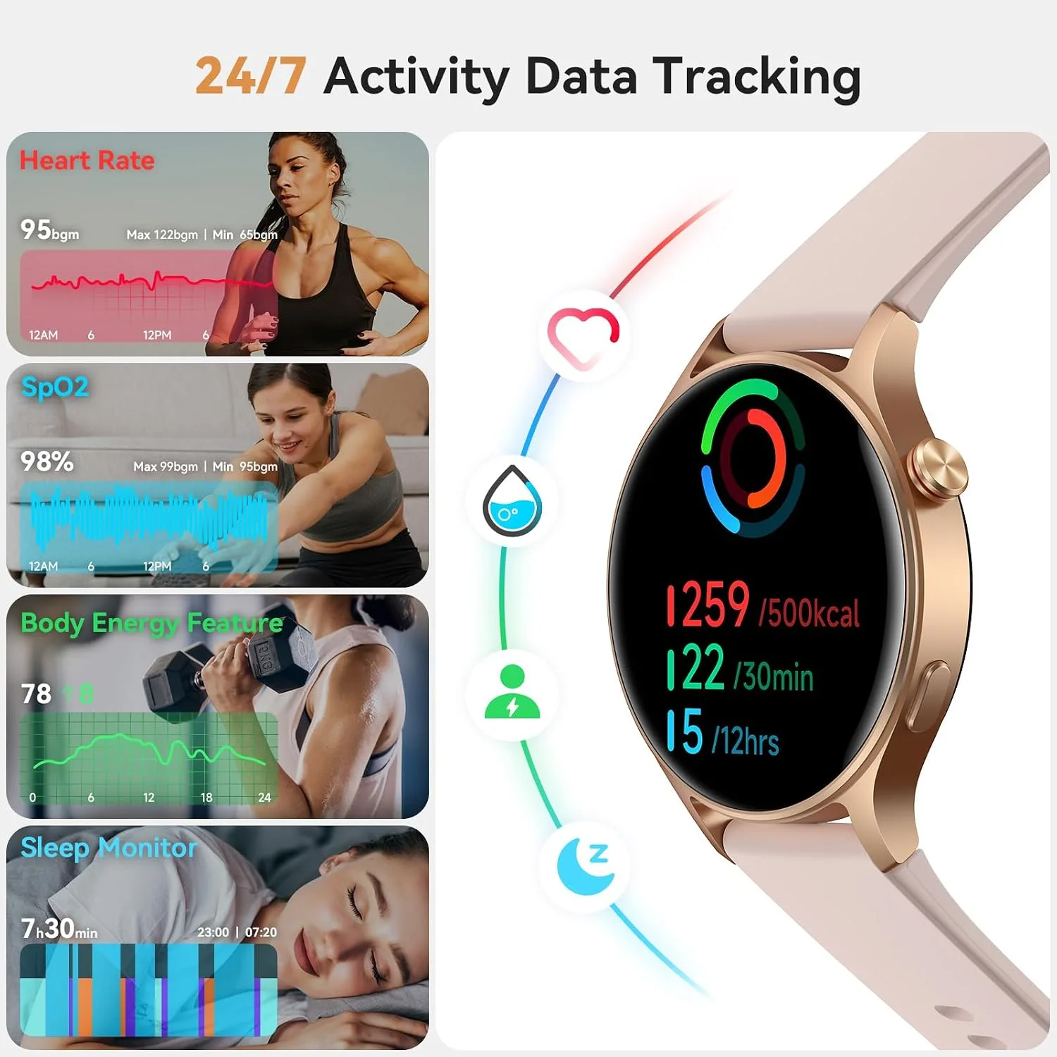 aeac Smart Watch for Women, AMOLED Ultra-Clear Screen Activity Trackers with Heart Rate/Sleep/SpO2 Monitor, Smartwatch for iPhone/Samsung/Android, 110+ Sport Modes (Rose Gold, S/M/L, Rose Gold)