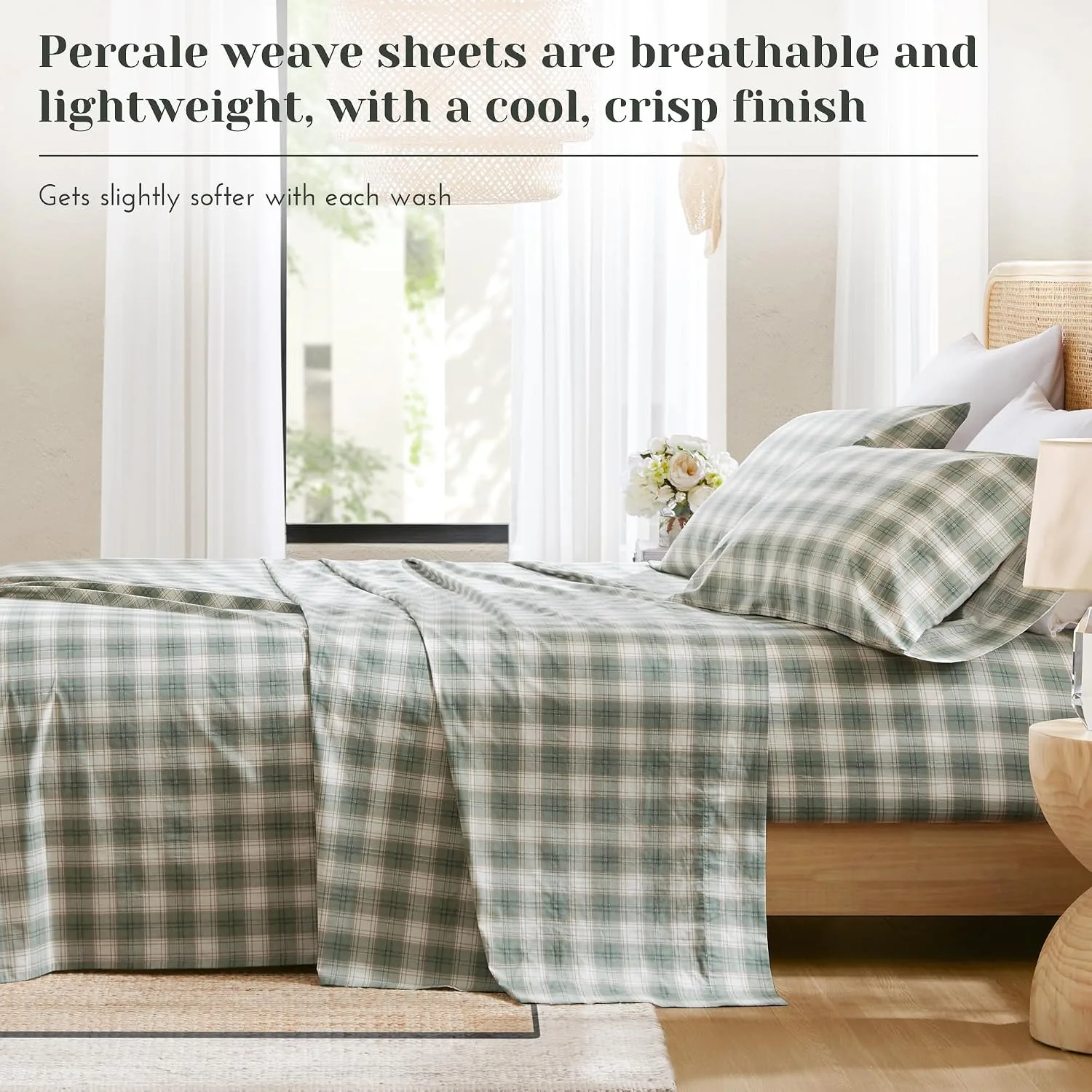Comfort Spaces 100% Cotton Percale Sheets Queen Size 4 Piece, Wesley Green