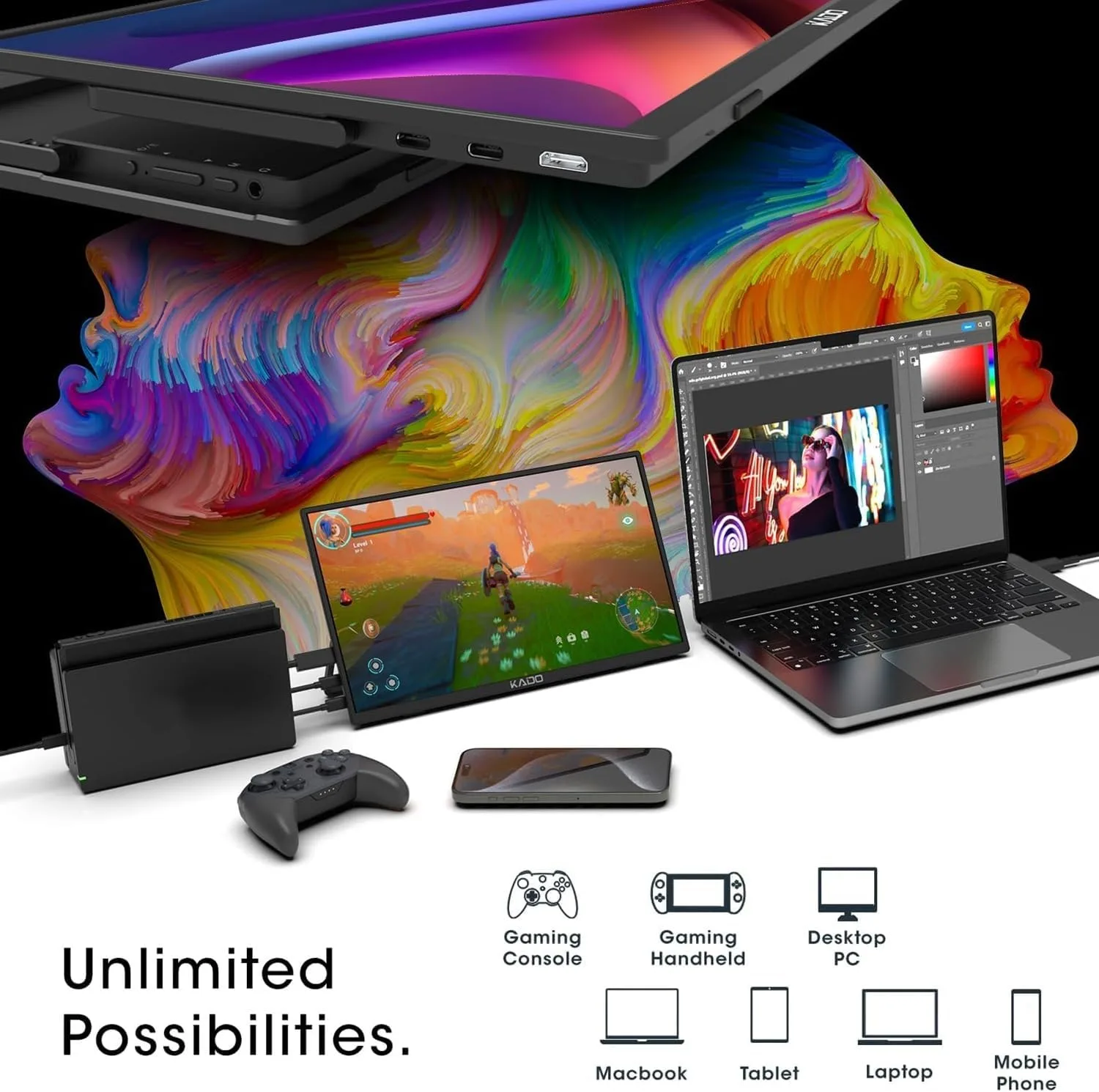 Kado 15.6-Inch 75Hz Portable Monitor, FHD 1080p USB-C mini-HDMI IPS Display
