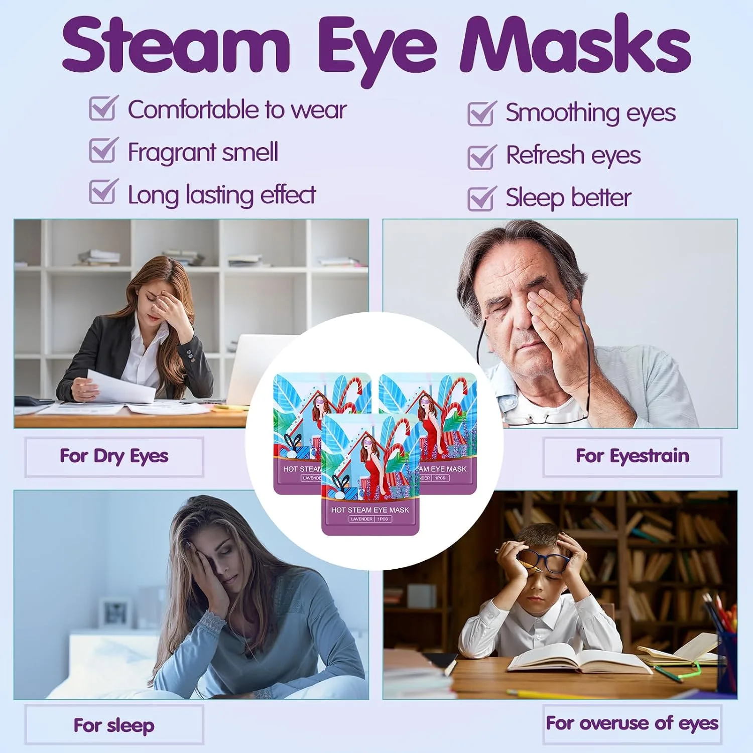 60 Pcs Self Heating Steam Eye Masks Disposable Heated Mask Bulk Individually Wrapped Warm Compress for Dry Eyes, Sleep, Travel, Spa and Relaxation (Lavender)