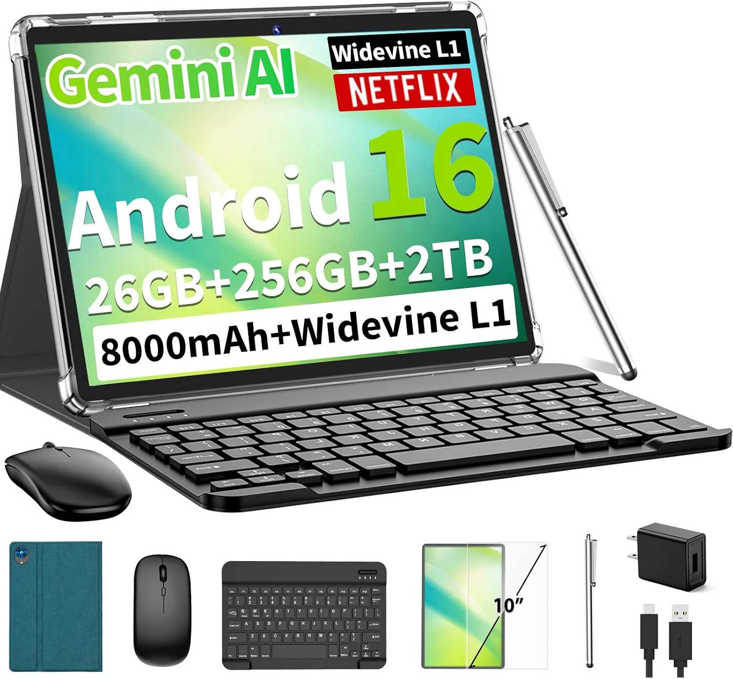 Android 16 Tablet with Keyboard - 26GB+256GB+2TB, Octa-Core(Green Case)