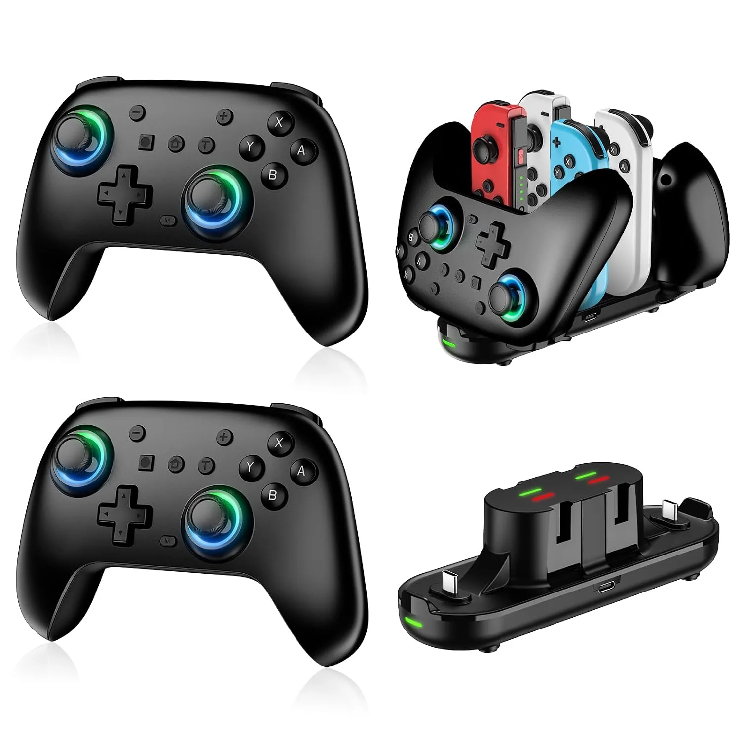 Switch Controllers 2 Pack with Charging Dock, Switch 2 Controller for Nintendo Switch 1/2/OLED/Lite, RGB Wireless Switch2 Pro Controller with Wake up/6-Axis Gyro/Dual Vibration/Turbo (Black)