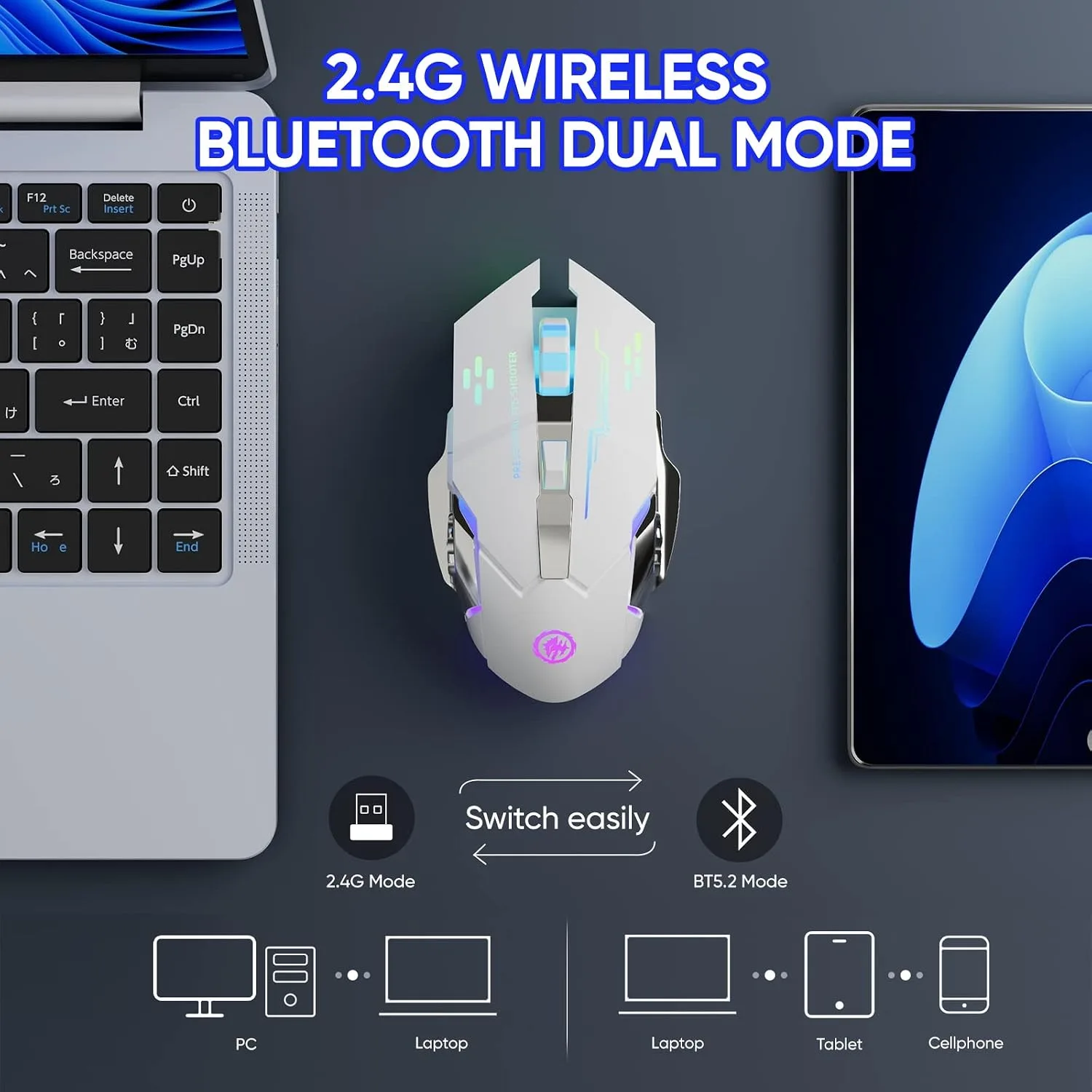 MELOGAGA Wireless Gaming Mouse Bluetooth/2.4G RGB Rechargeable -White