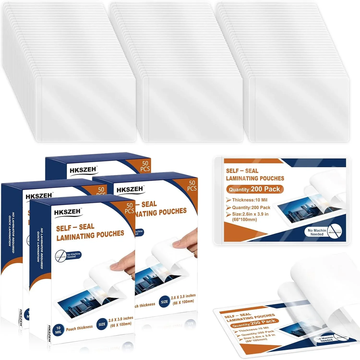 200 Pack 10 Mil Business Card Size Self Sealing Laminating Pouches 2“×3.5” Plastic Laminating Sheets 2.6"x3.9" Clear Lamination Paper for Office School Home Supplies Glossy Finish(No Laminator Need)