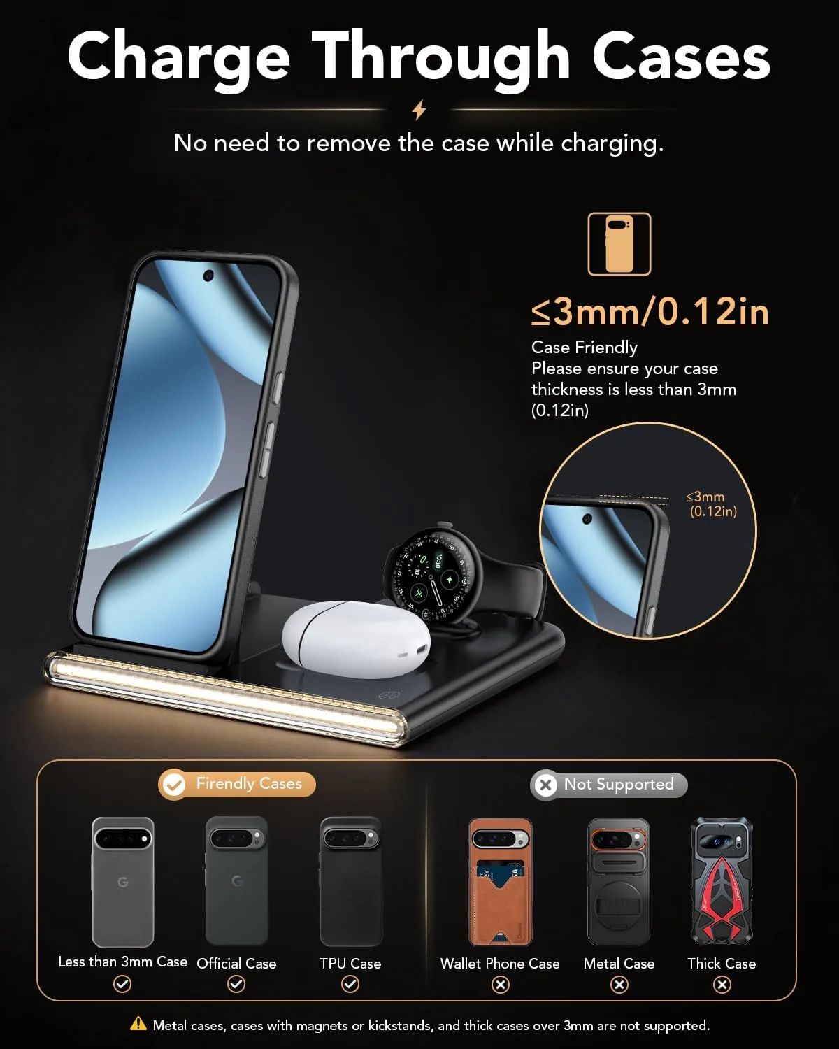 3 in 1 Foldable Wireless Fast Charging Station for Google Pixel Watch 5/4