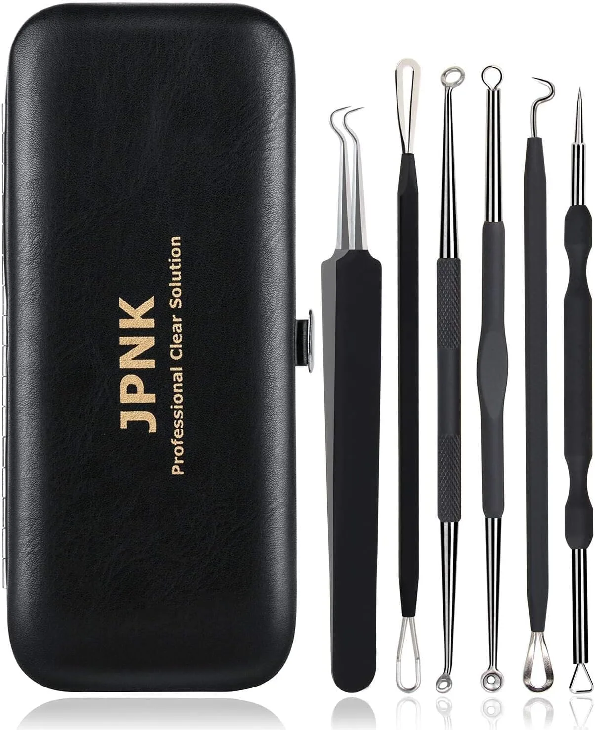 JPNK Blackhead Remover Tool Comedones Extractor Acne Removal Kit for Blemish, Whitehead Popping, 6 Pcs Zit Removing for Nose Face Tools with a Leather Bag (Black)