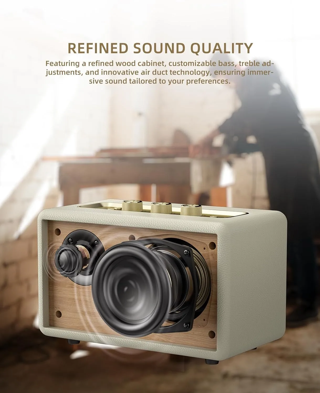 MLOVE A200 Portable Retro Bluetooth Speaker with Aux Input, USB Port, Micro SD Card Slot - Decorative Wireless Bookshelf Speakers for Home & Office, Battery Powered, White and Gold