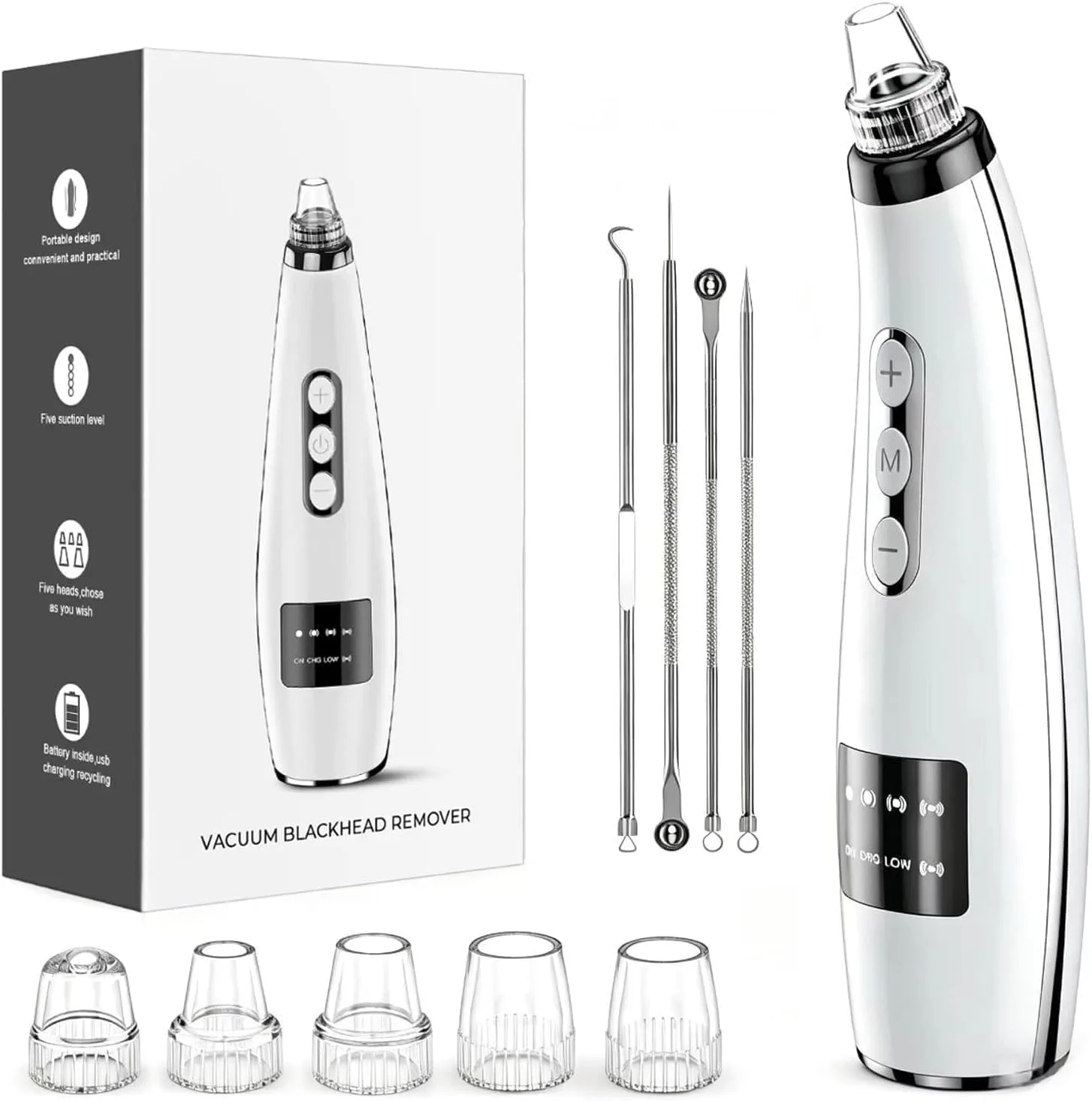 Blackhead Remover Vacuum, Facial Pore Extractor, 5 Suction Levels, 5 Probes