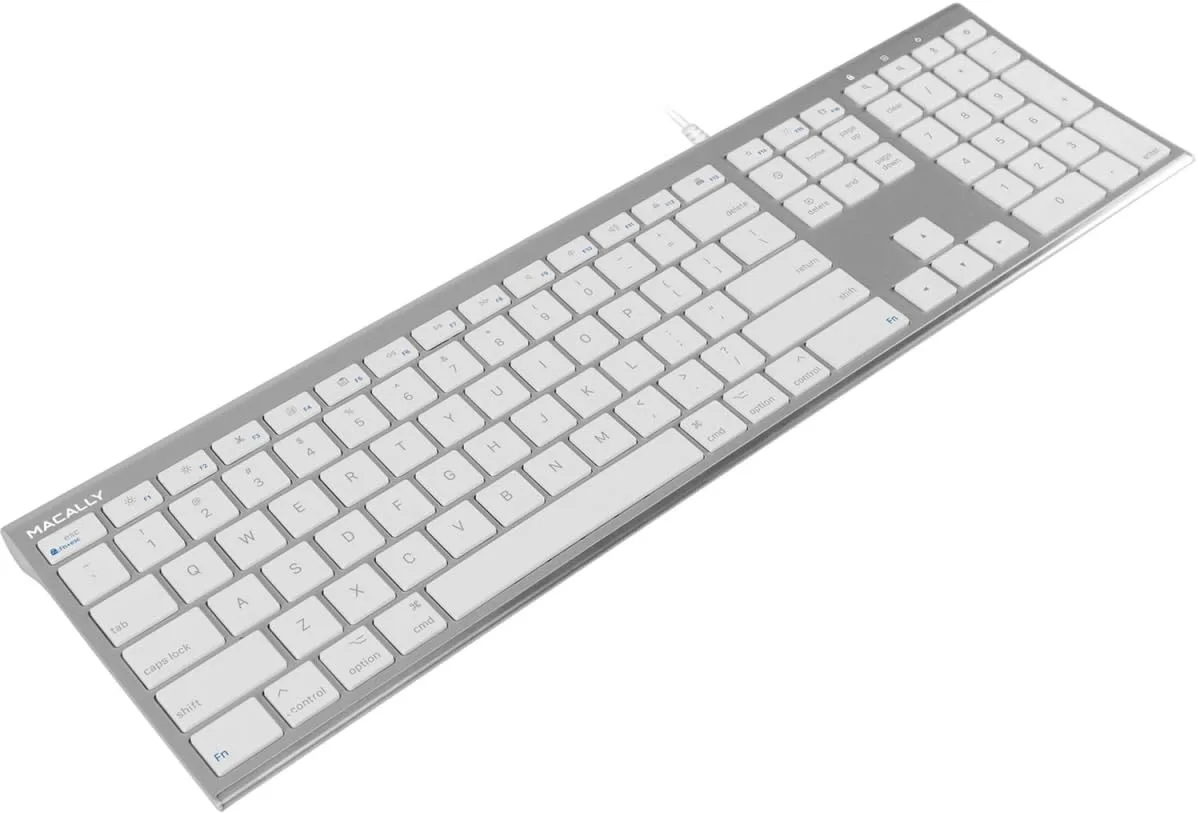 Macally Ultra Slim USB Wired Computer Keyboard - Compatible Apple Keyboard or Windows - Full Size with 20 Mac Keyboard Keys -with Numeric Keypad - Silver Aluminum Finish