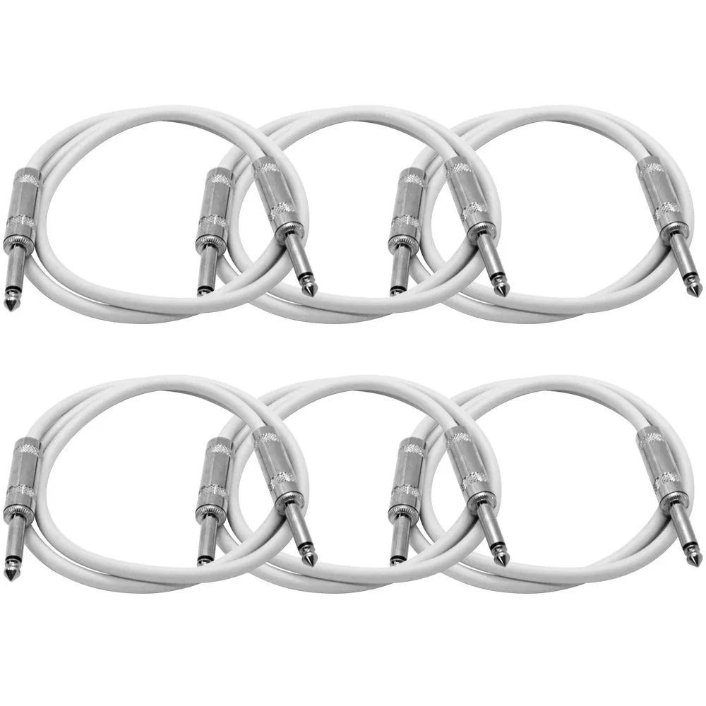 Seismic Audio - SASTSX-2White-6PK - 6 Pack of 2 Foot White 1/4 Inch TS Patch Cables - 2' Professional Audio Unbalanced 1/4" Patch Cords
