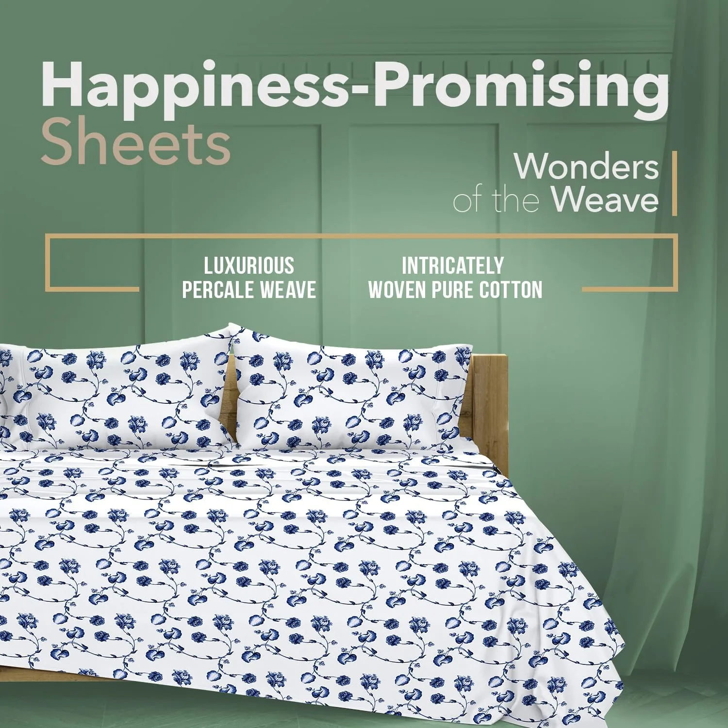 TEXAS LINEN CO. 100% Organic Cotton Printed Sheets King Size - 4 PC Organic Cotton Percale Sheets King Set (Floral Blue) Cooling & Breathable Sheet, 16" Deep Pocket Hotel Bedding - GOTS Certified
