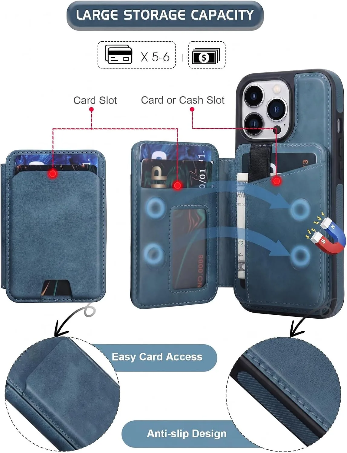 Magnetic Detachable Wallet Case for iPhone 16 Pro with Kickstand,2-in-1 MagSafe Compatible RFID Blocking Card Holder,Slim PU Leather Cover Blue