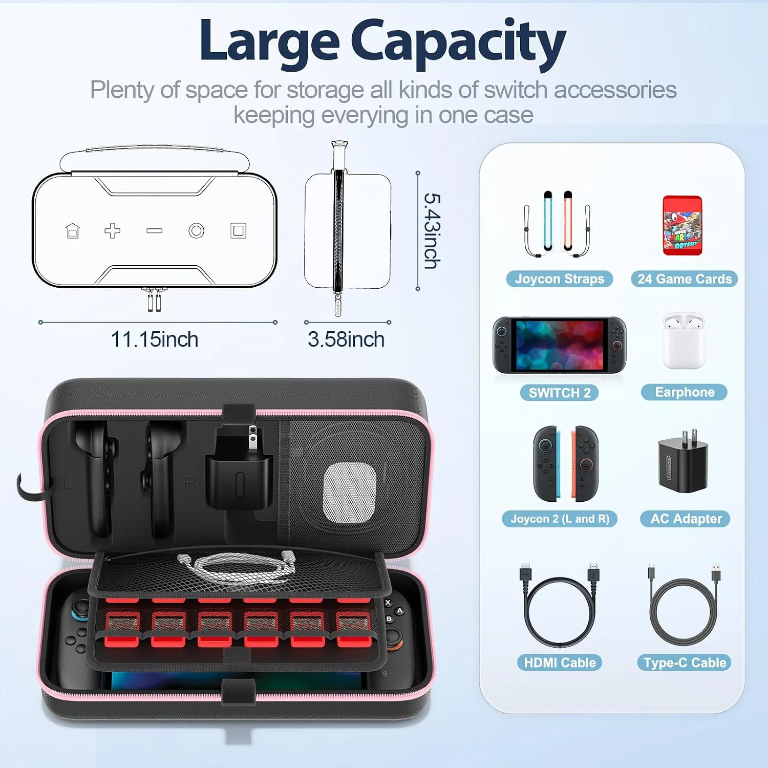 OIVO Carrying Case Compatible with 2025 Nintendo Switch, Portable Switch 2 Travel Carry Case Fit for Joy-Con 2 & Adapter, Hard Shell Protective Pouch Bag with 24 Game Slots, Pink