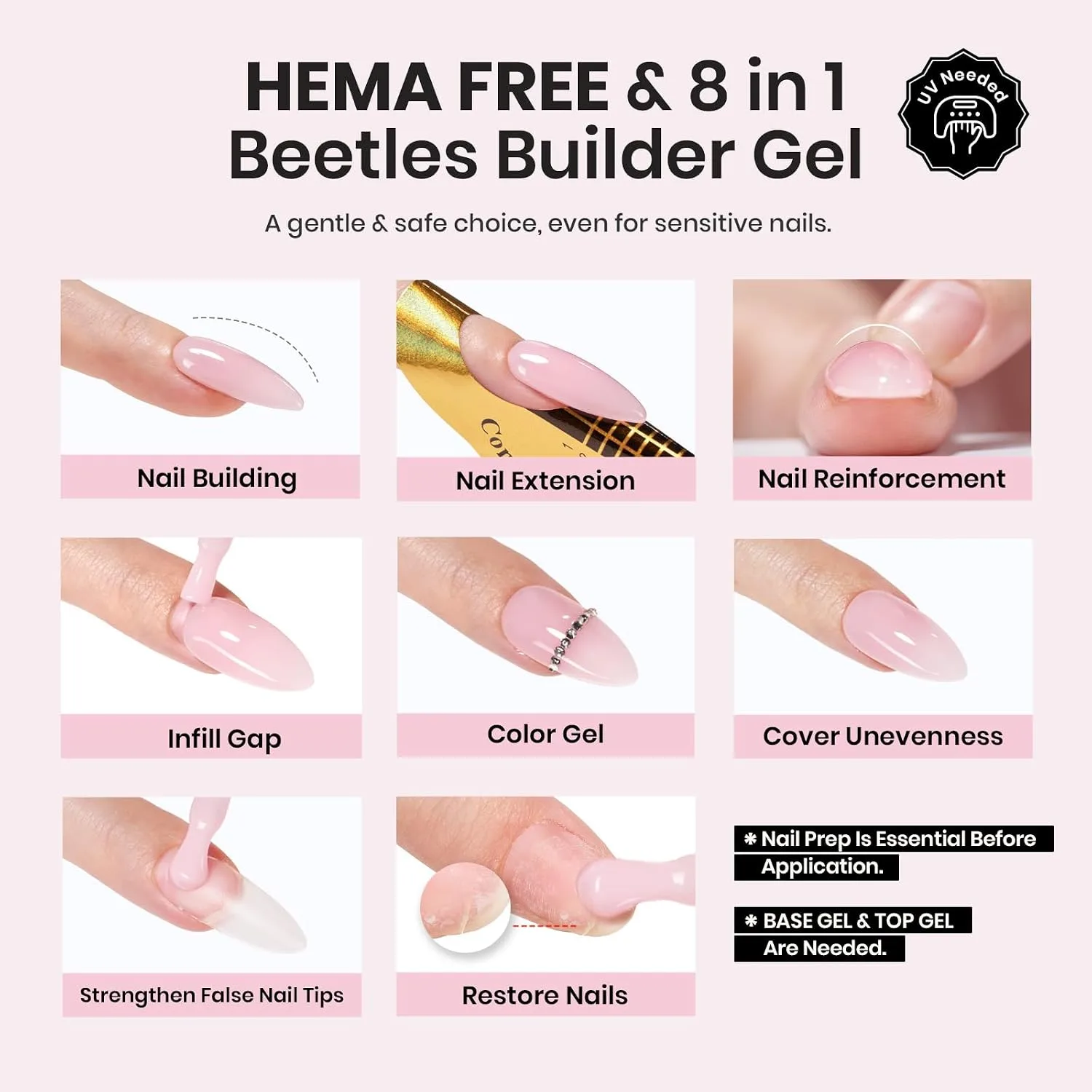Beetles Builder Gel Set with Base Top Coat HEMA Free, 4 Color Nude Builder