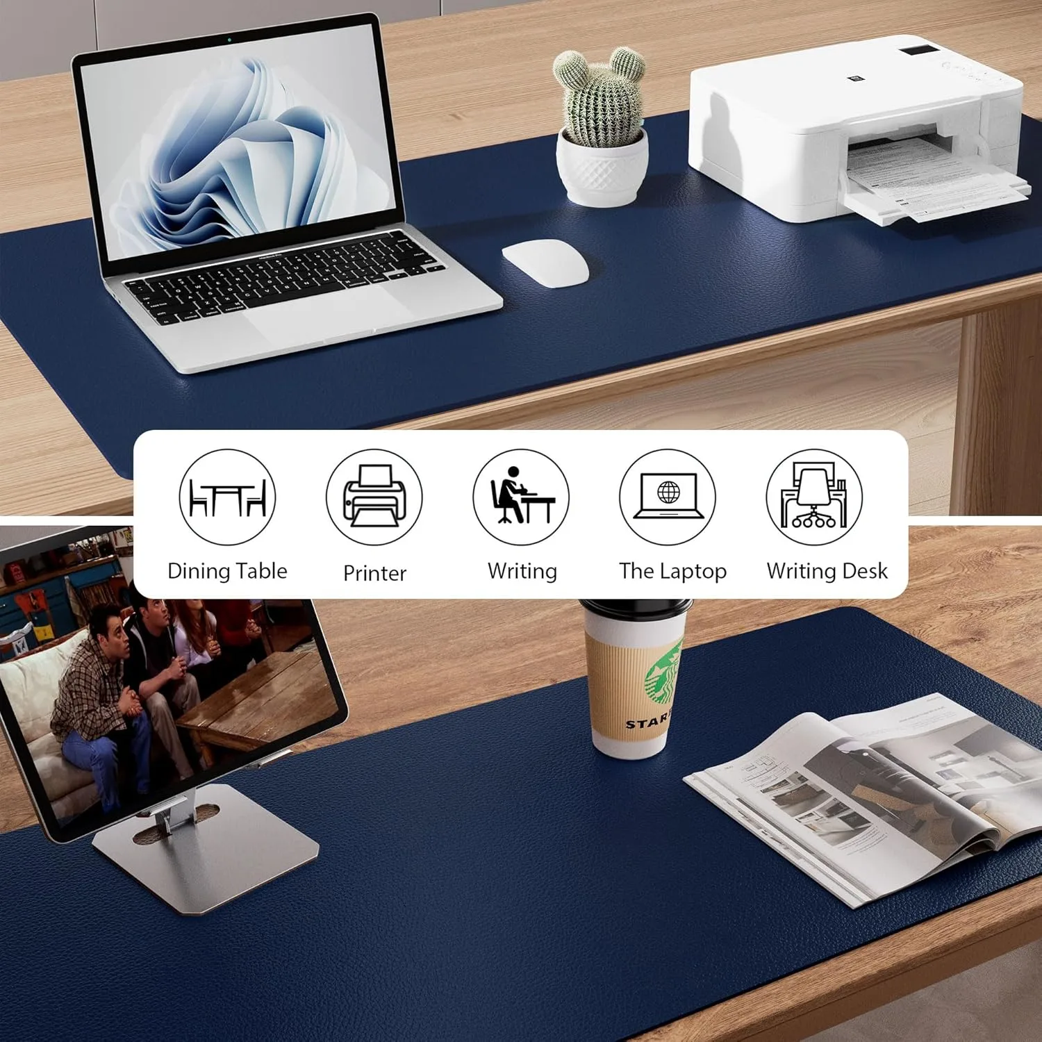 Aothia Leather Desk Pad Protector, Mouse Pad, Office Desk Mat, Non-Slip PU Leather Desk Blotter, Laptop Desk Pad, Waterproof Desk Writing Pad for Office and Home (Dark Blue,23.6" x 13.7")
