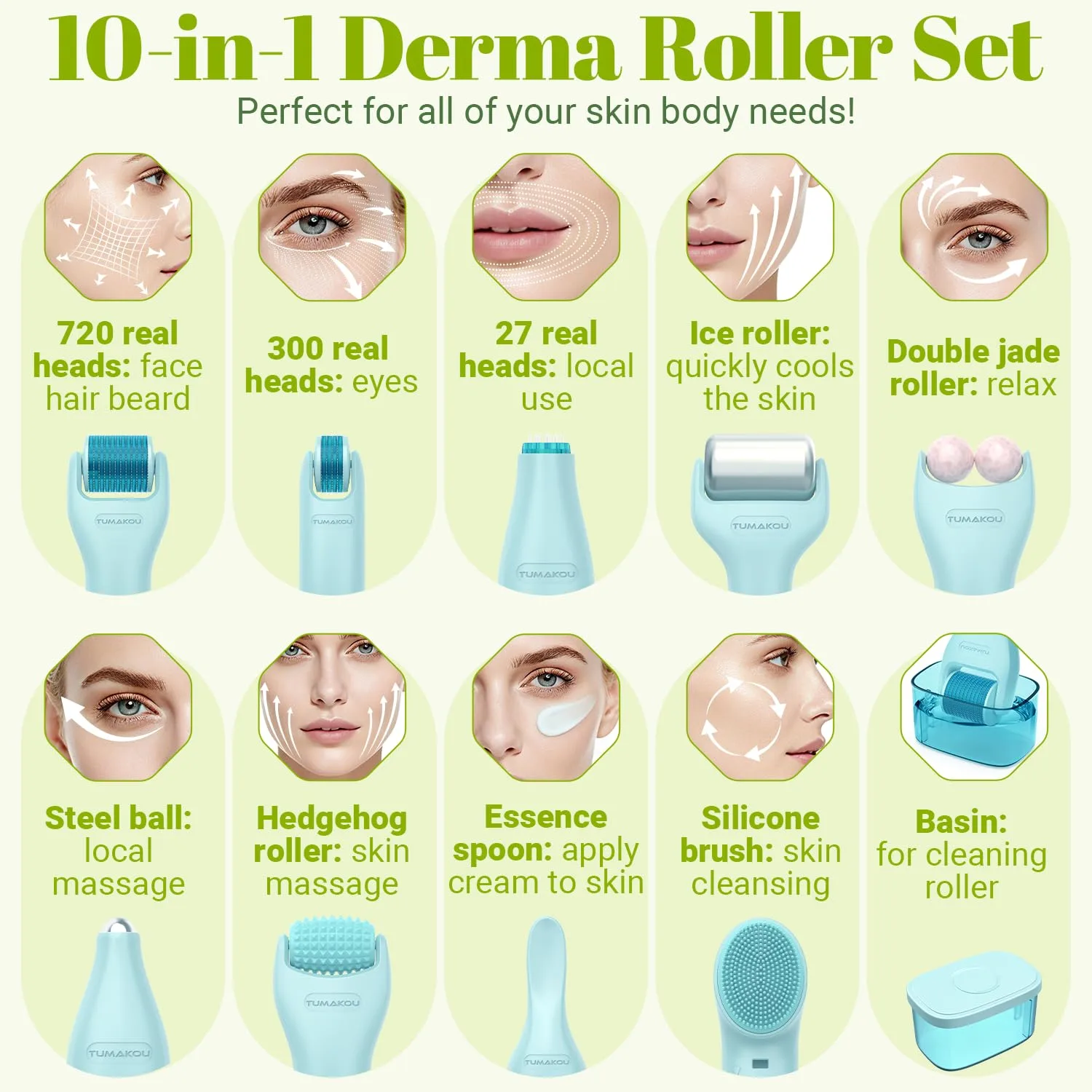 Derma Roller, TUMAKOU 10 in 1 Microneedle Roller Set for Face, Body, Scalp