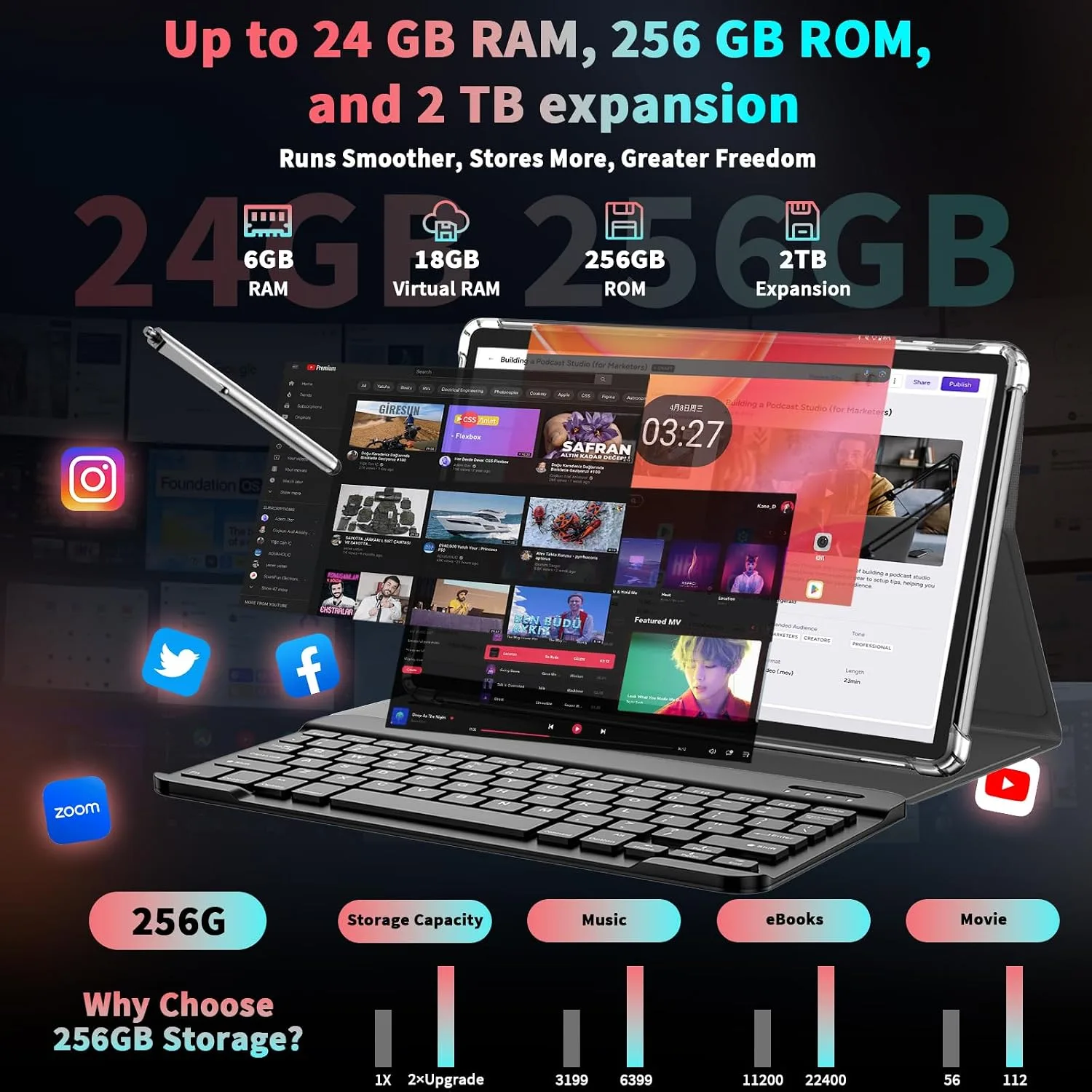 Android 16 Tablet with Keyboard - 10 inch Tablet with 24GB+256GB+2TB Expand