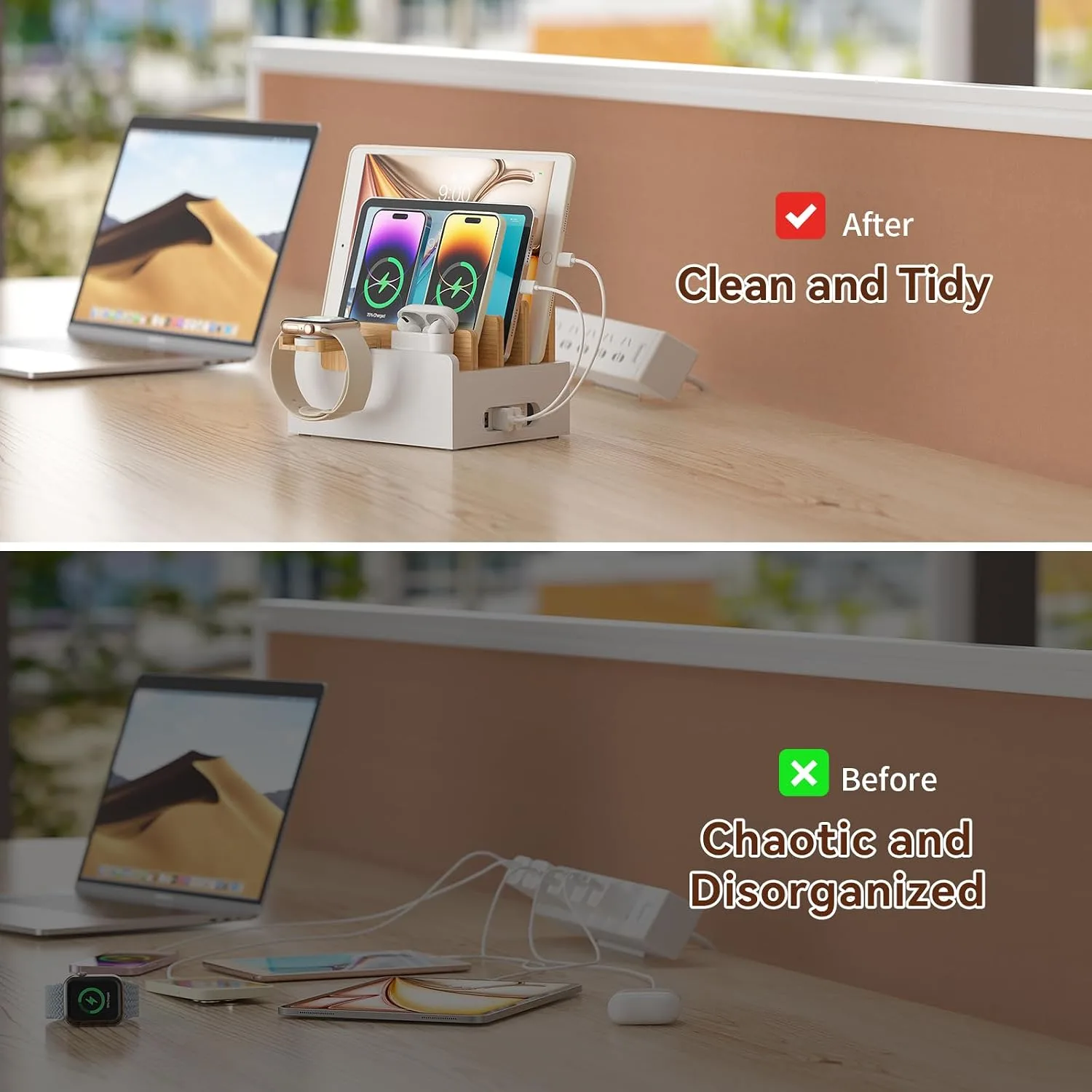 Pezin & Hulin Bamboo Charging Station with USB Charger&Cables-Natural+White