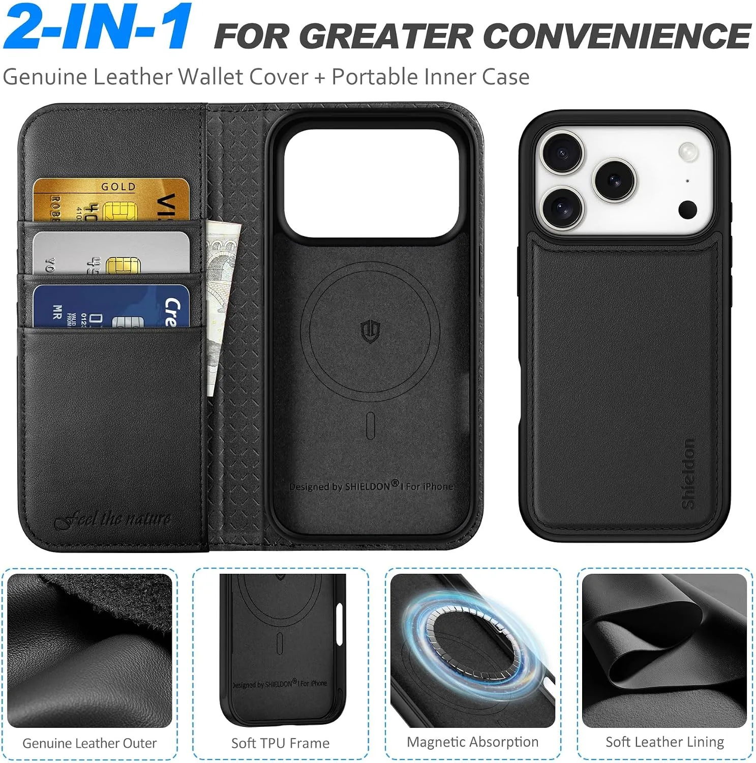SHIELDON 2 in 1 Leather Wallet Case for iPhone 18 Pro/17 Pro 6.3", Black
