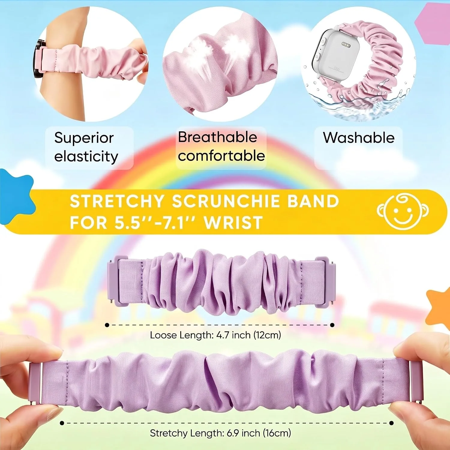 4 Pack Kids Scrunchie Bands Compatible with Gizmo Watch 3 2 1/Gabb Watch 3e 3 2 1/Sync UP Watch/Cosmo Jr Track Watch, 20mm Stretchy Solo Loop Cute Band for Boys & Girls