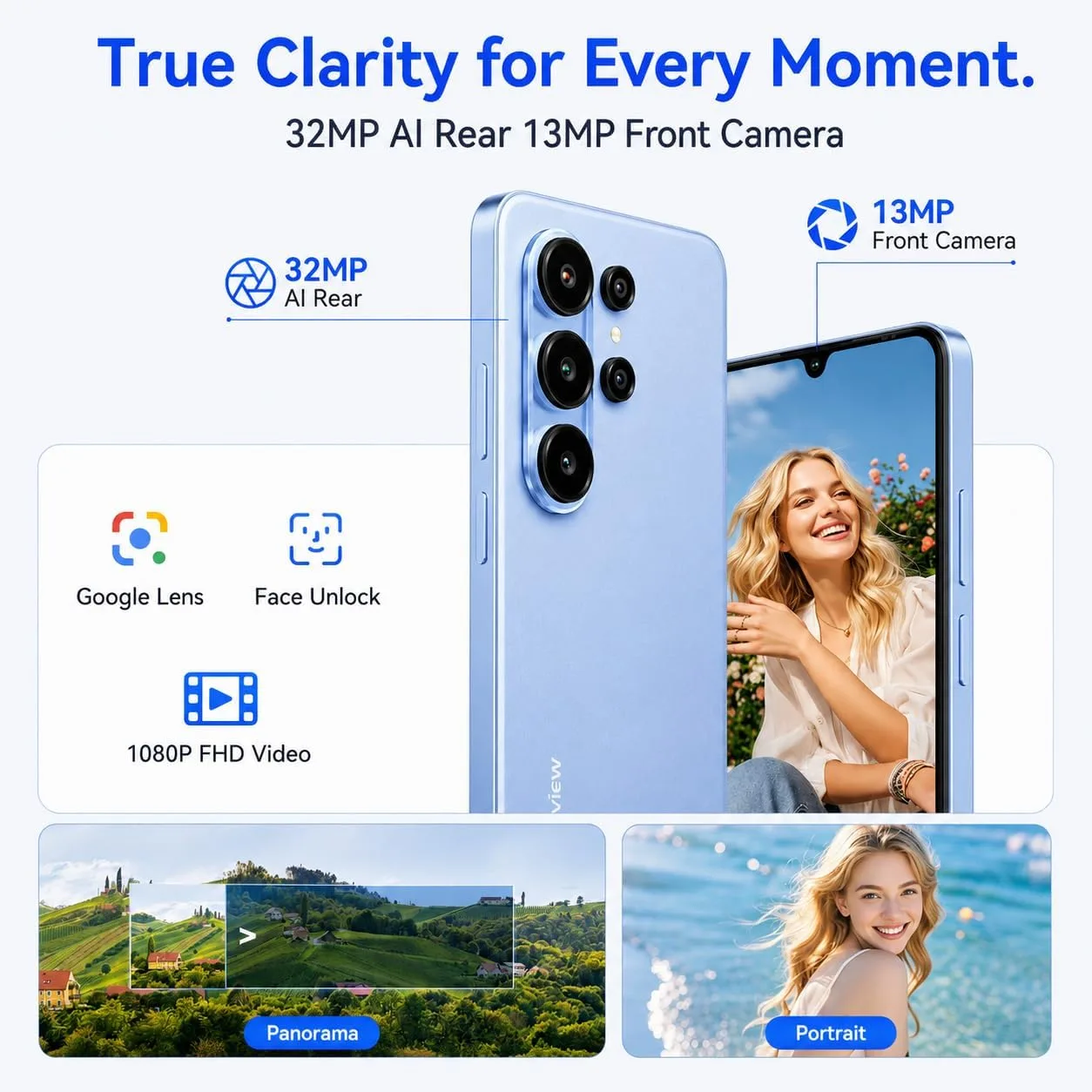 Blackview Wave 10C Android Phone Unlocked 6.88" Large Screen, Android 16 Unlocked Smartphones 16(4+12) GB+128GB/1TB, 32MP+13MP, Dual SIM/Face ID/GPS/OTG, Only for T-Mobile, Blue