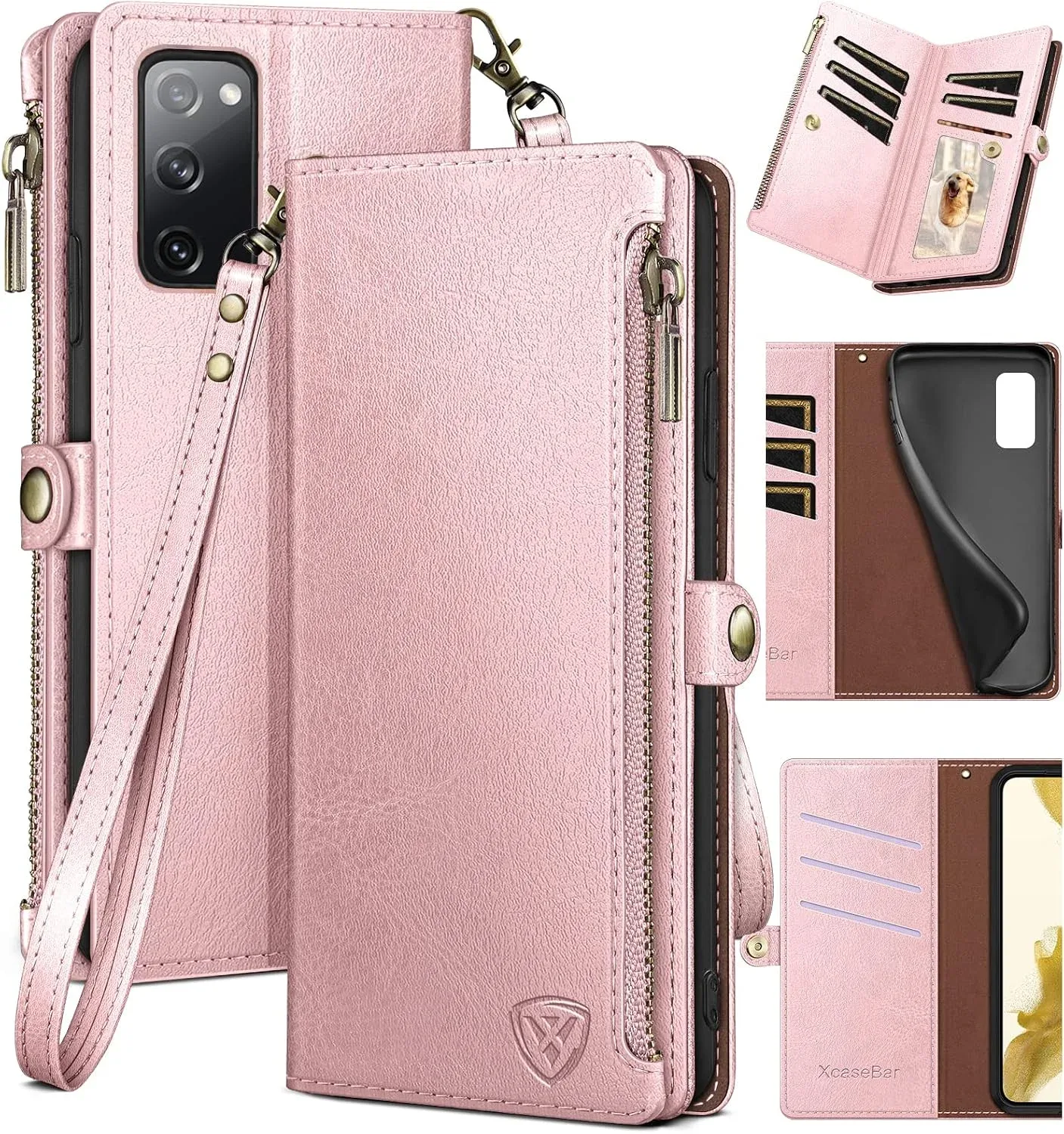 XcaseBar for Samsung Galaxy S20 FE Wallet case with Zipper Credit Card Holder【RFID Blocking】, Flip Folio Book PU Leather Phone case Shockproof Cover Women Men for Samsung S20FE case Rose Gold