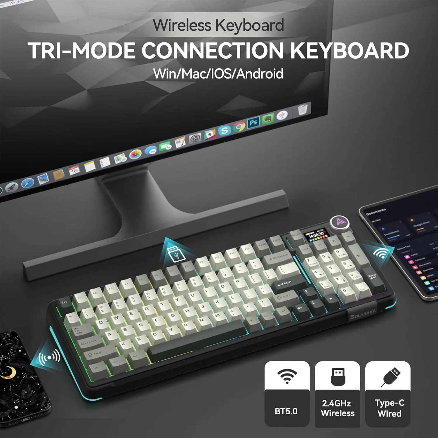 SOLAKAKA A99 Pro Wireless Mechanical Keyboard with LCD Screen & Metal Knob, 2.4GHz/BT5.0/USB-C, RGB Backlit Gaming Keyboard, Hot Swappable, Creamy Keyboard with Gasket Structure, for Win/Mac