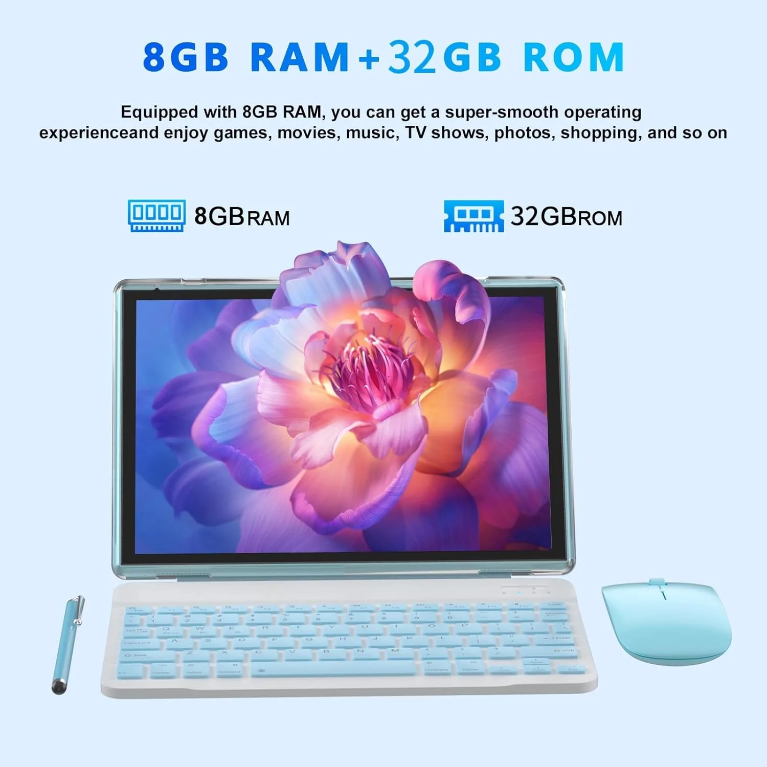 2 in 1 Tablet 10 Inch Android 15 Tableta, Tablets with Keyboard Mouse Case Stylus, 8GB RAM 32GB ROM Supports 1TB Expansion, 2MP+8MP Dual Camera Quad Core Processor 6000mAh Battery 10.1 IN FHD Tab Blue