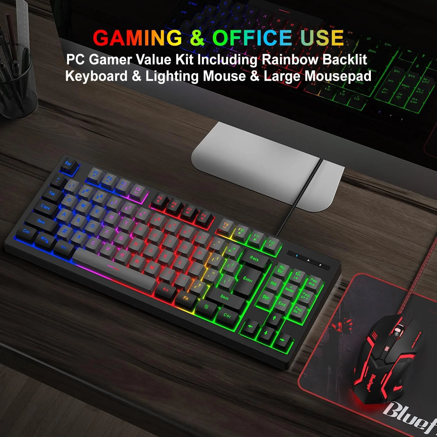 BlueFinger RGB 87 Keys Gaming Keyboard and Backlit Mouse Combo, USB Wired Rainbow Keyboard, Gaming Keyboard Set for Laptop PC Computer Game and Work(Black & Gray)