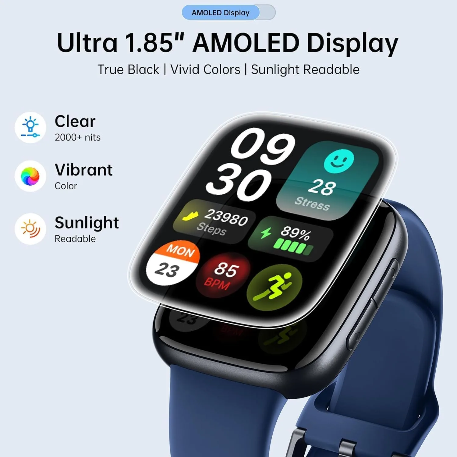 Quican Smart Watches for Men Women, 1.85" HD AMOLED Smart Watchfor iPhone & Android, 12-Day Battery, 3ATM Waterproof,Bluetooth Calls/Messages, Health Monitor, 120+ Sports ModesFitness Watch, 2 Bands