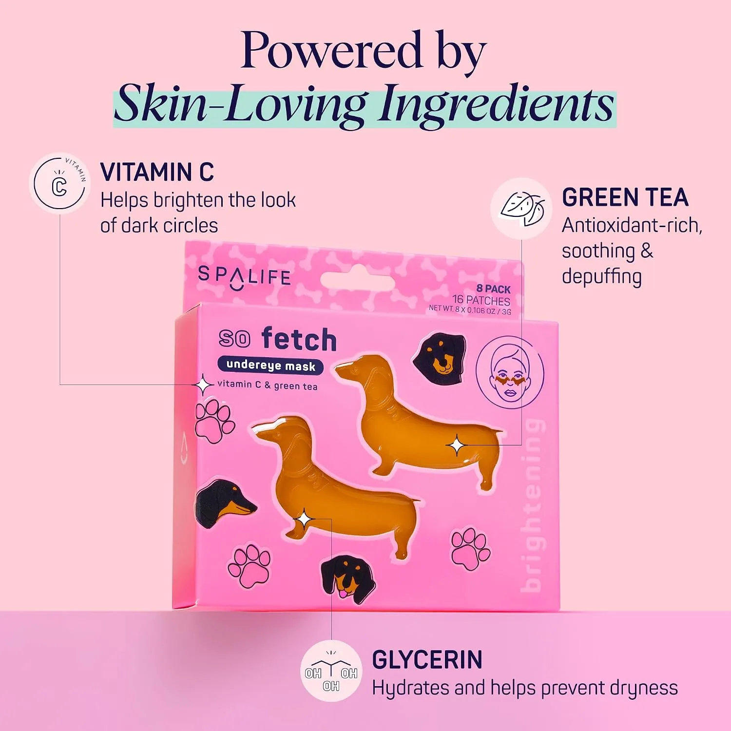 SpaLife So Fetch Hydrogel Under Eye Patches for Dark Circles | Dachshund Under Eye Patches for Puffy Eyes | Weiner Dog Undereye Bags and Puffiness Removal | Boo Basket Stuffers | 8 Pairs