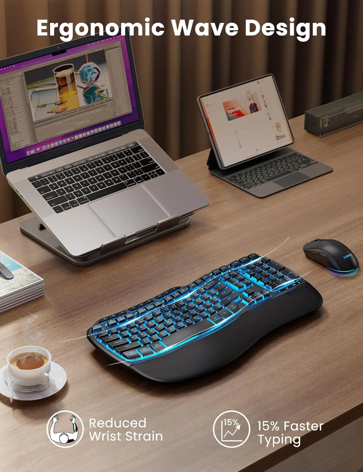 SABLUTE Ergonomic Wireless Keyboard and Mouse Combo, Rechargeable 4000mAh Backlit Keyboard with Soft Faux Lambskin Palm Rest, Wave Keys for Natural Typing, Compatible with Windows/Mac/Chrome OS