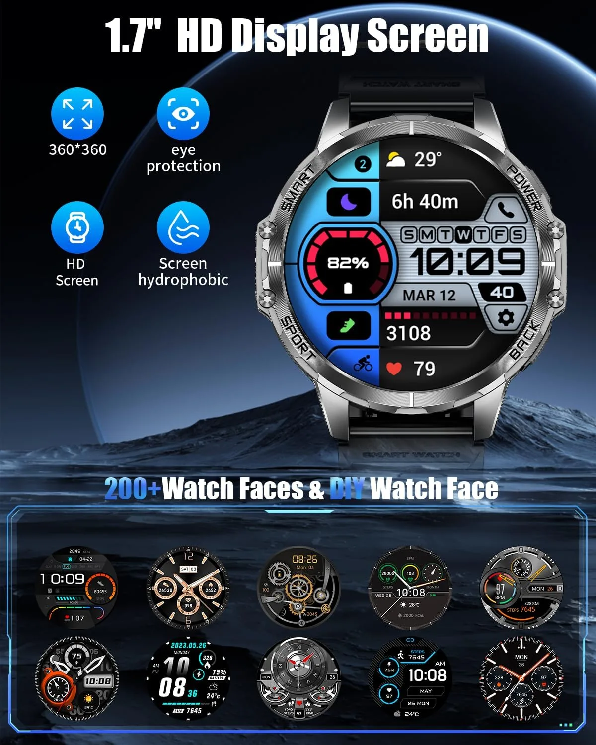 Military Smartwatch for Men, Top-Mounted Flashlight, 1200mAh Battery