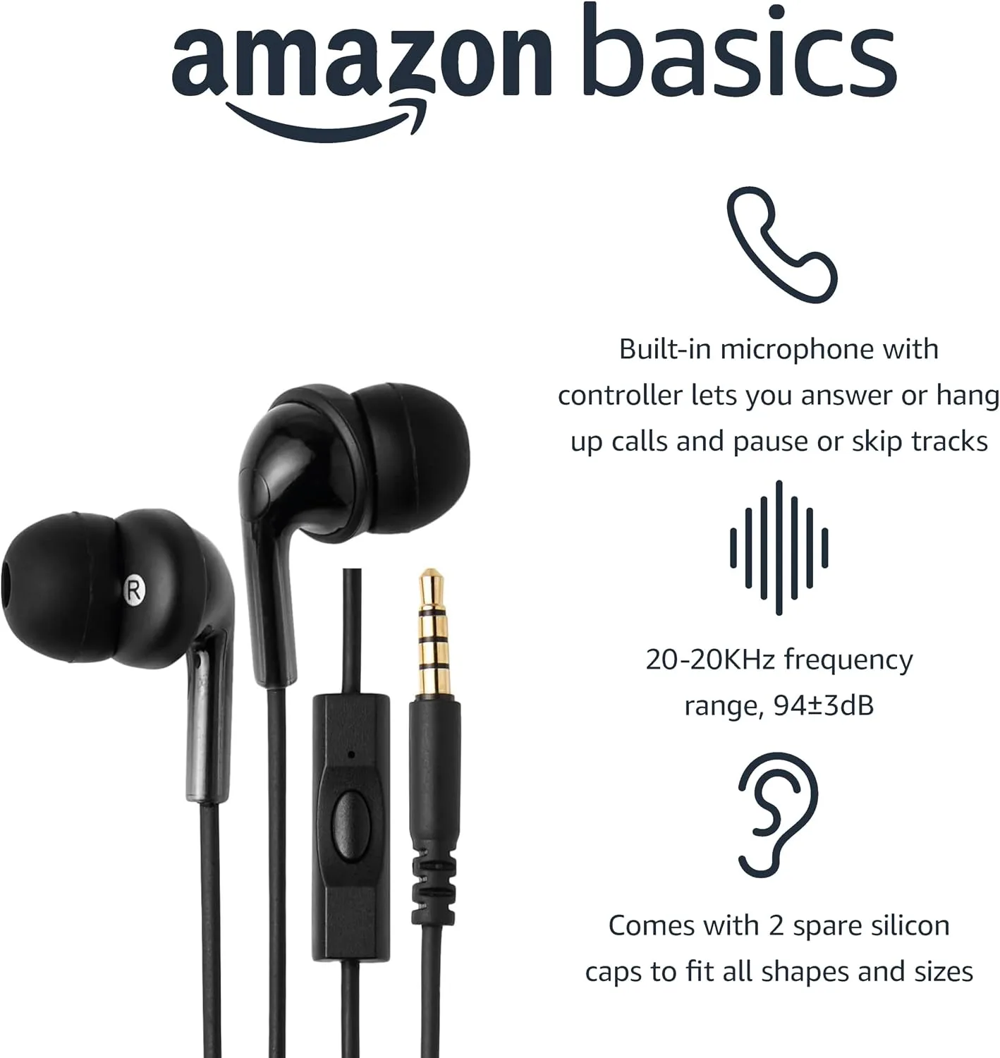 Amazon Basics 3.5mm Wired Earbuds 2 Pack, In-Ear Headphones with Built-In Microphone & Track Control, S/M/L Ear Tips, Compatible with Phones, Laptops & Tablets